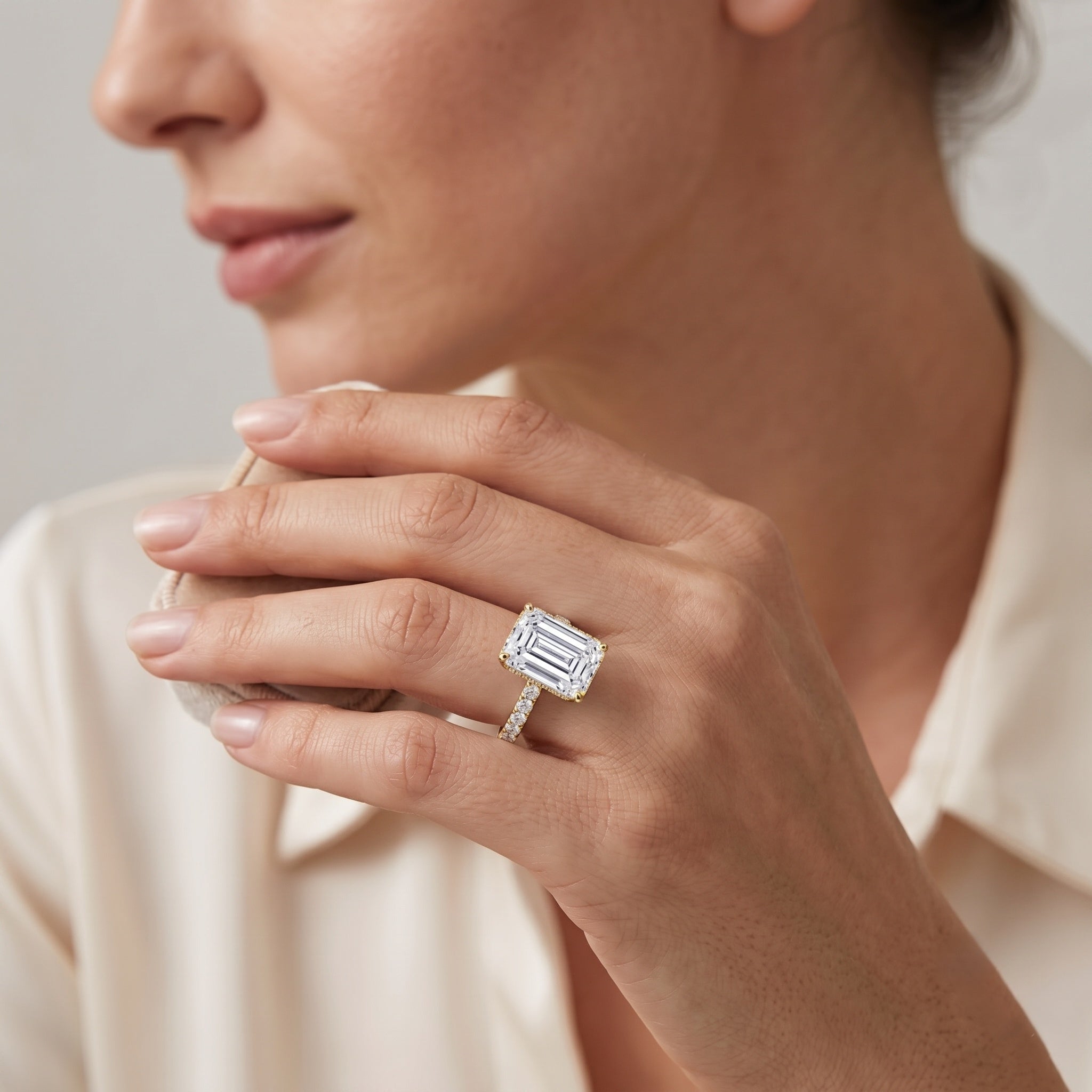 IGI Certified 4 Carat Emerald Cut Lab Grown Diamond Engagement Ring with Hidden Halo Lab - ( E-VS1 ) - Rosec Jewels