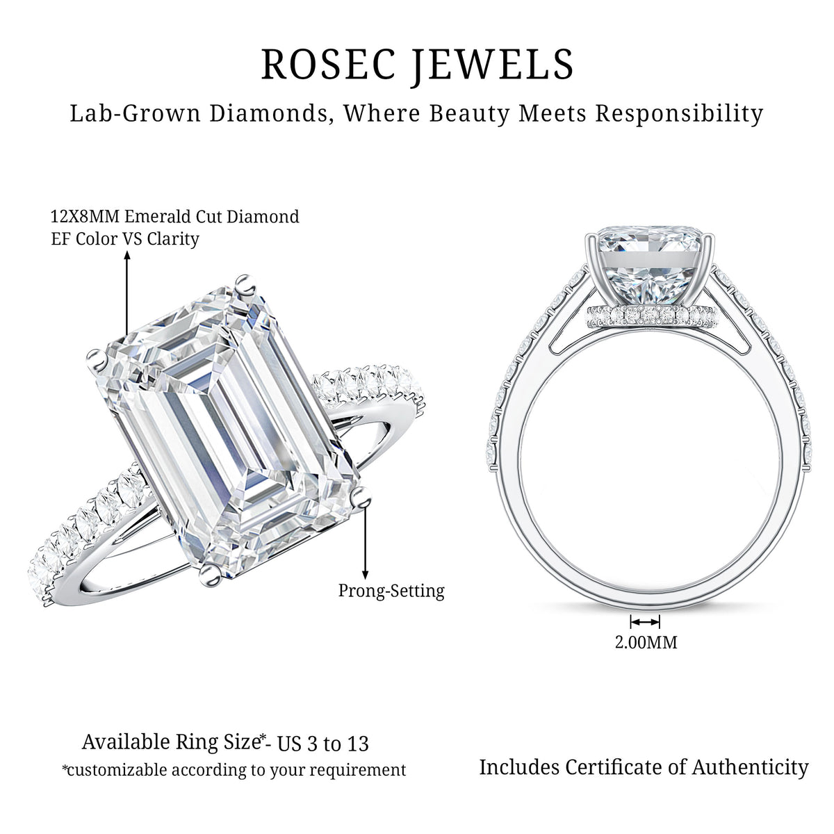 Emerald Cut 5 Carat Lab Grown Diamond Solitaire Engagement Ring IGI Certified Lab - ( E-VS1 ) - Rosec Jewels