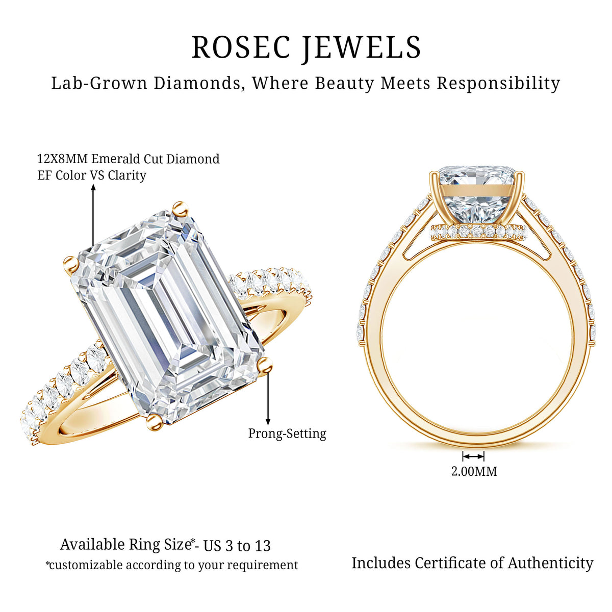 Emerald Cut 5 Carat Lab Grown Diamond Solitaire Engagement Ring IGI Certified Lab - ( E-VS1 ) - Rosec Jewels