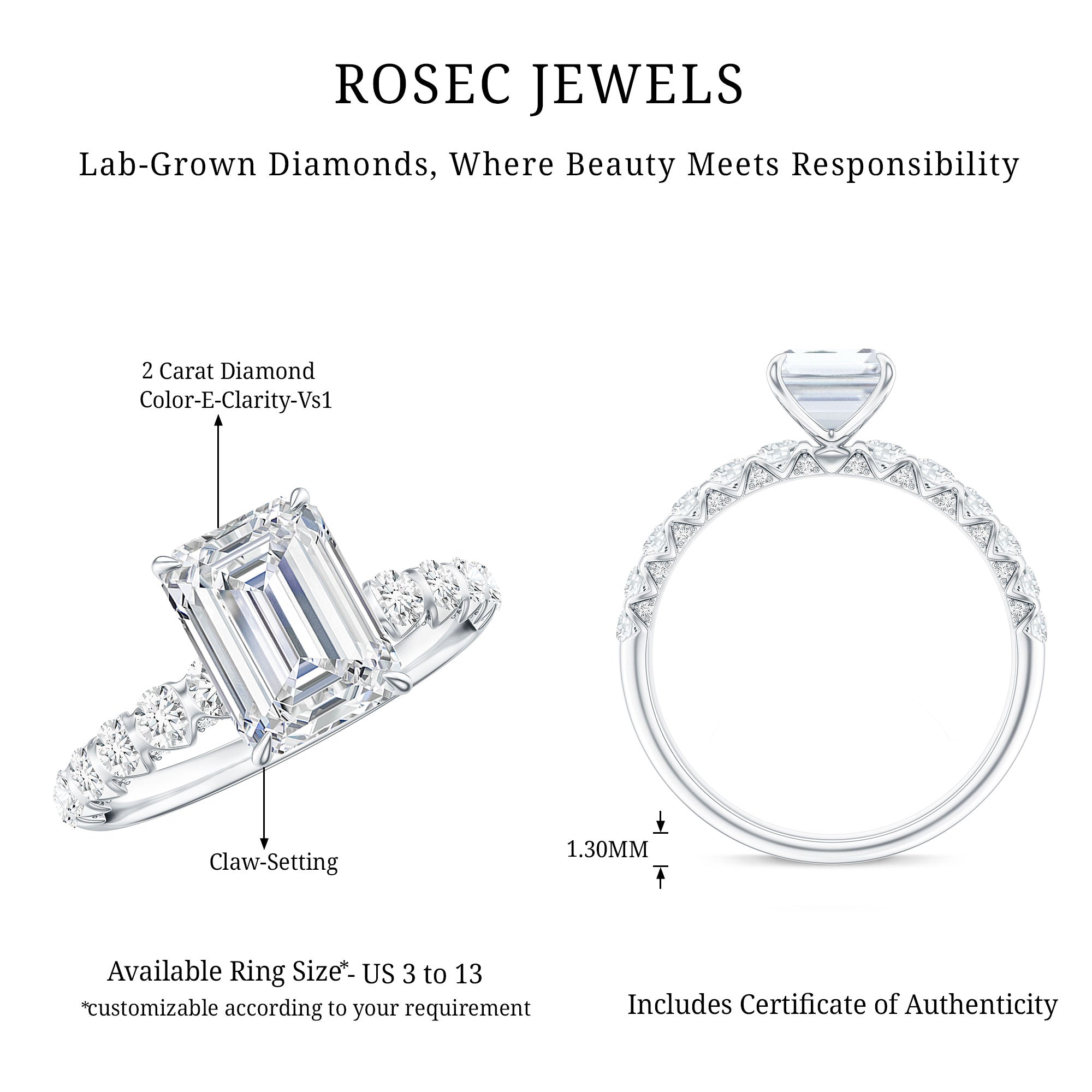 IGI Certified Lab Grown Diamond 2 Carat Emerald Cut Engagement Ring Lab - ( E-VS1 ) - Rosec Jewels
