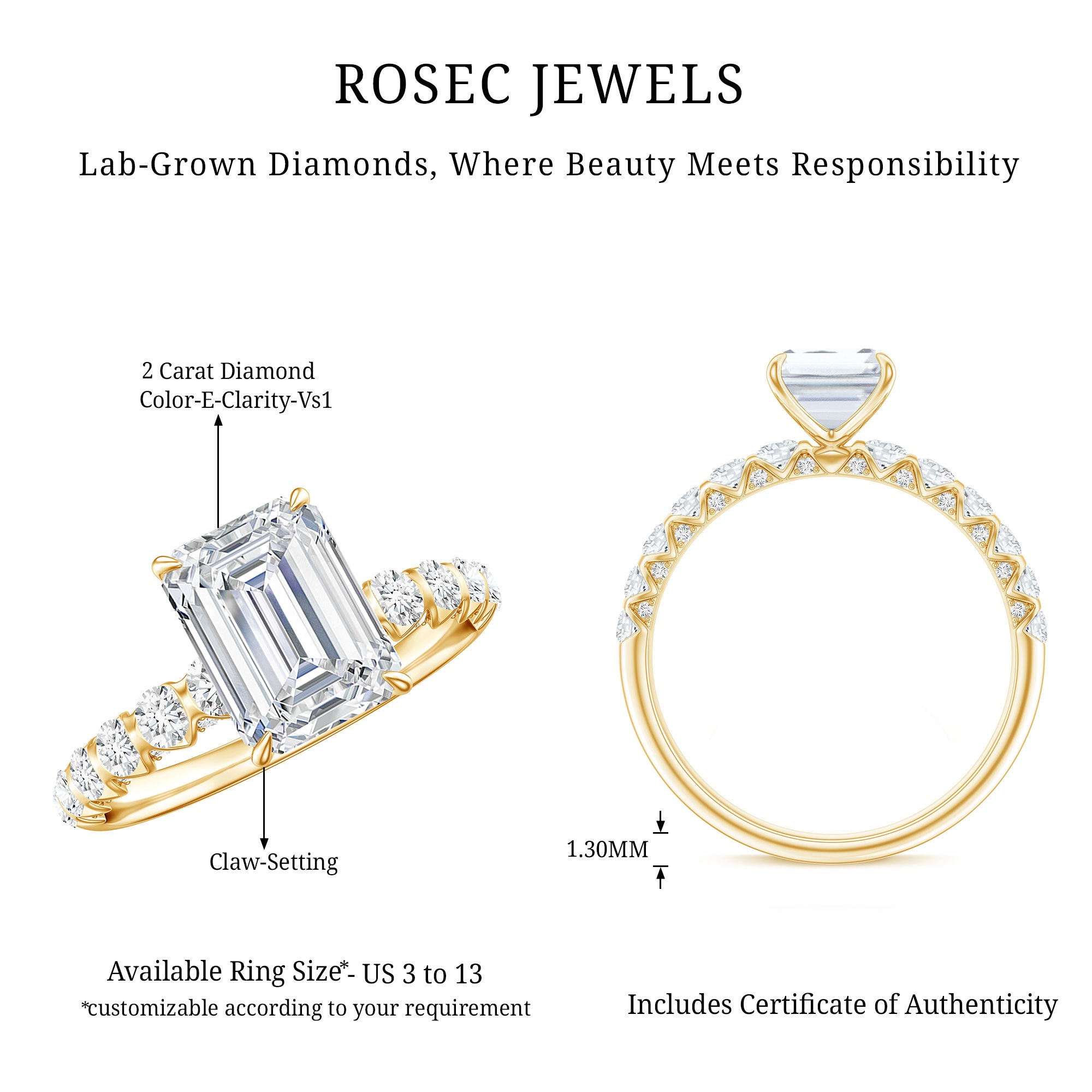 IGI Certified Lab Grown Diamond 2 Carat Emerald Cut Engagement Ring Lab - ( E-VS1 ) - Rosec Jewels