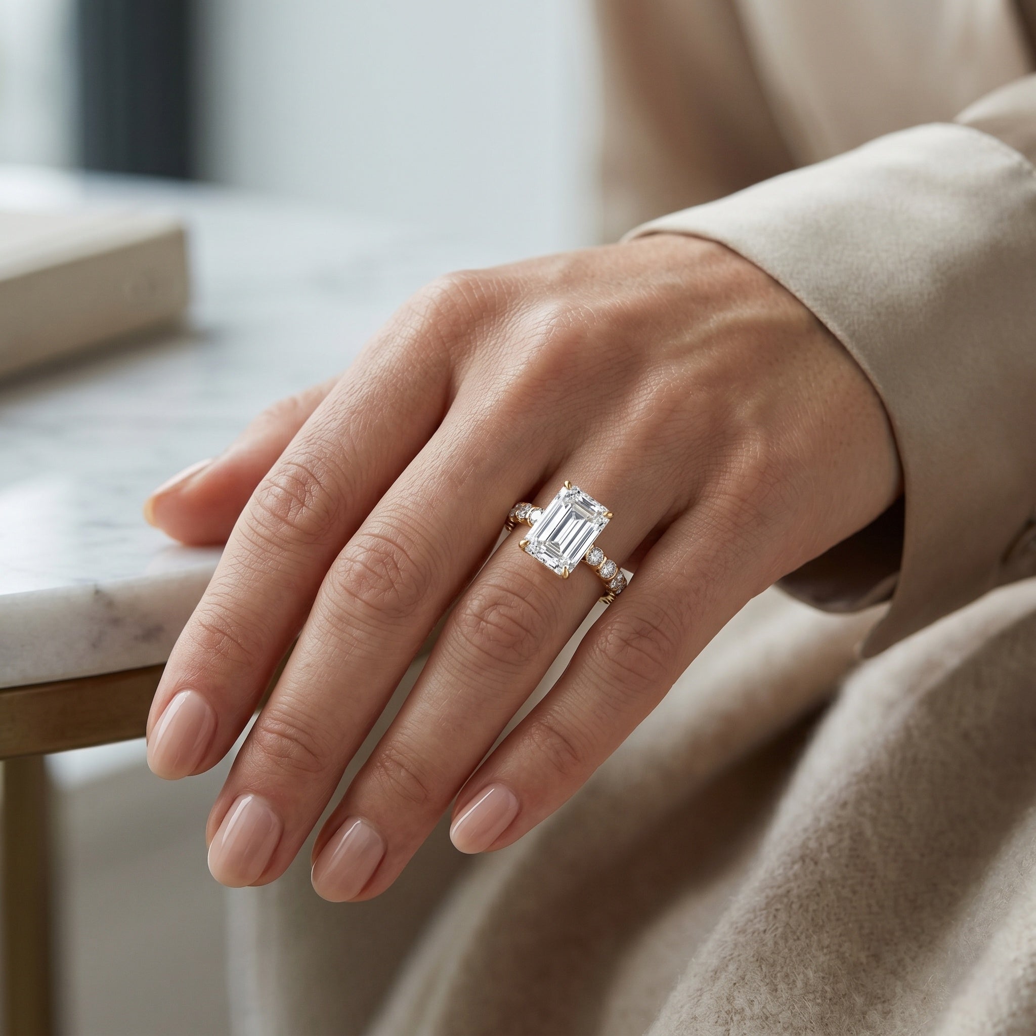IGI Certified 3 Carat Emerald Cut Lab Grown Diamond Engagement Ring with Side Stones Lab - ( E-VS1 ) - Rosec Jewels
