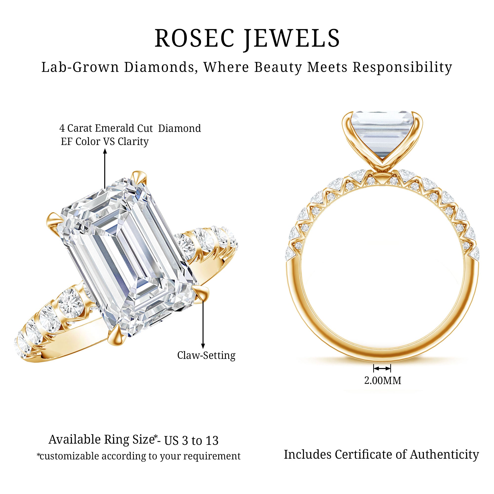 Lab Grown Diamond 4 Carat Emerald Cut Engagement Ring IGI Certified Lab - ( E-VS1 ) - Rosec Jewels