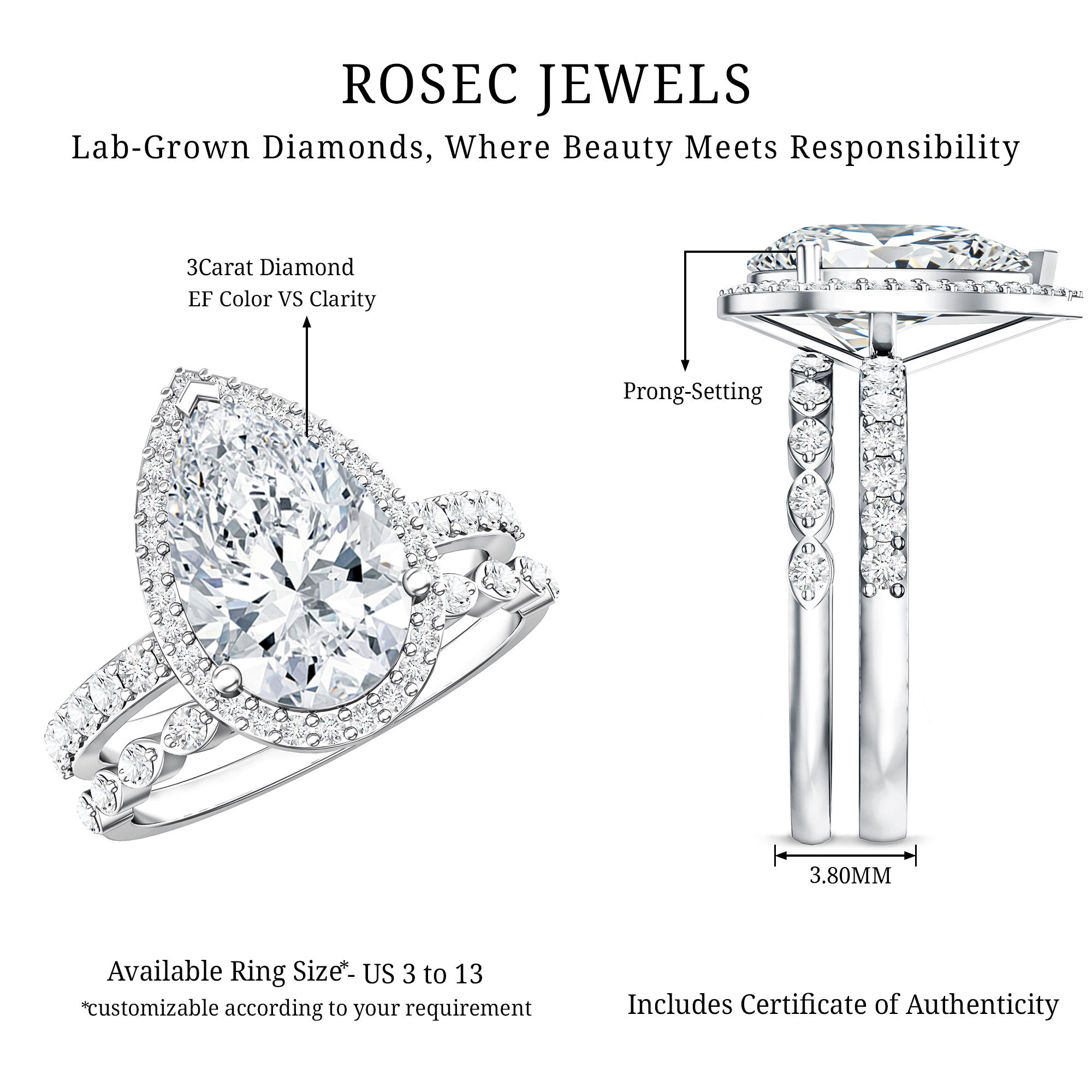 IGI Certified 3 Carat Lab Grown Diamond Teardrop Wedding Ring Set with Halo Lab - ( E-VS1 ) - Rosec Jewels
