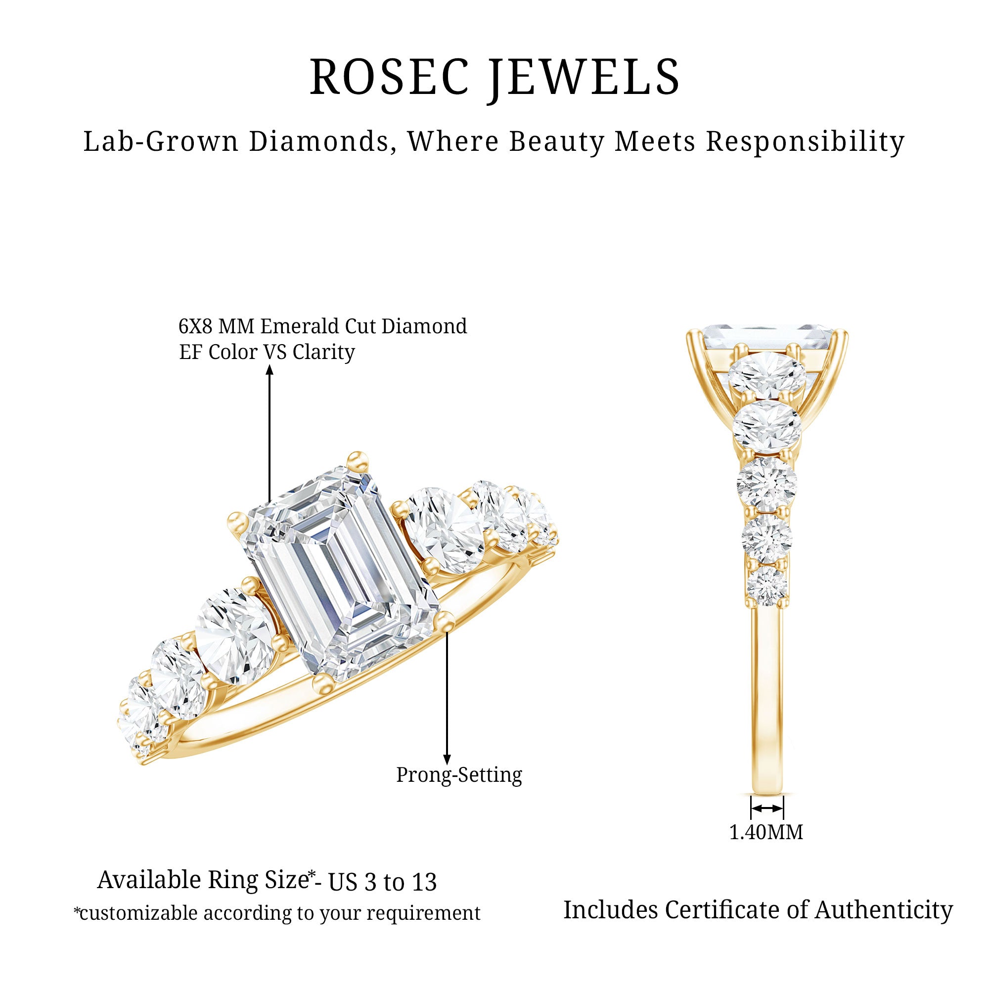 Rosec Jewels-2 Carat IGI Certified Emerald Cut Lab Grown Diamond Side Stone Engagement Ring