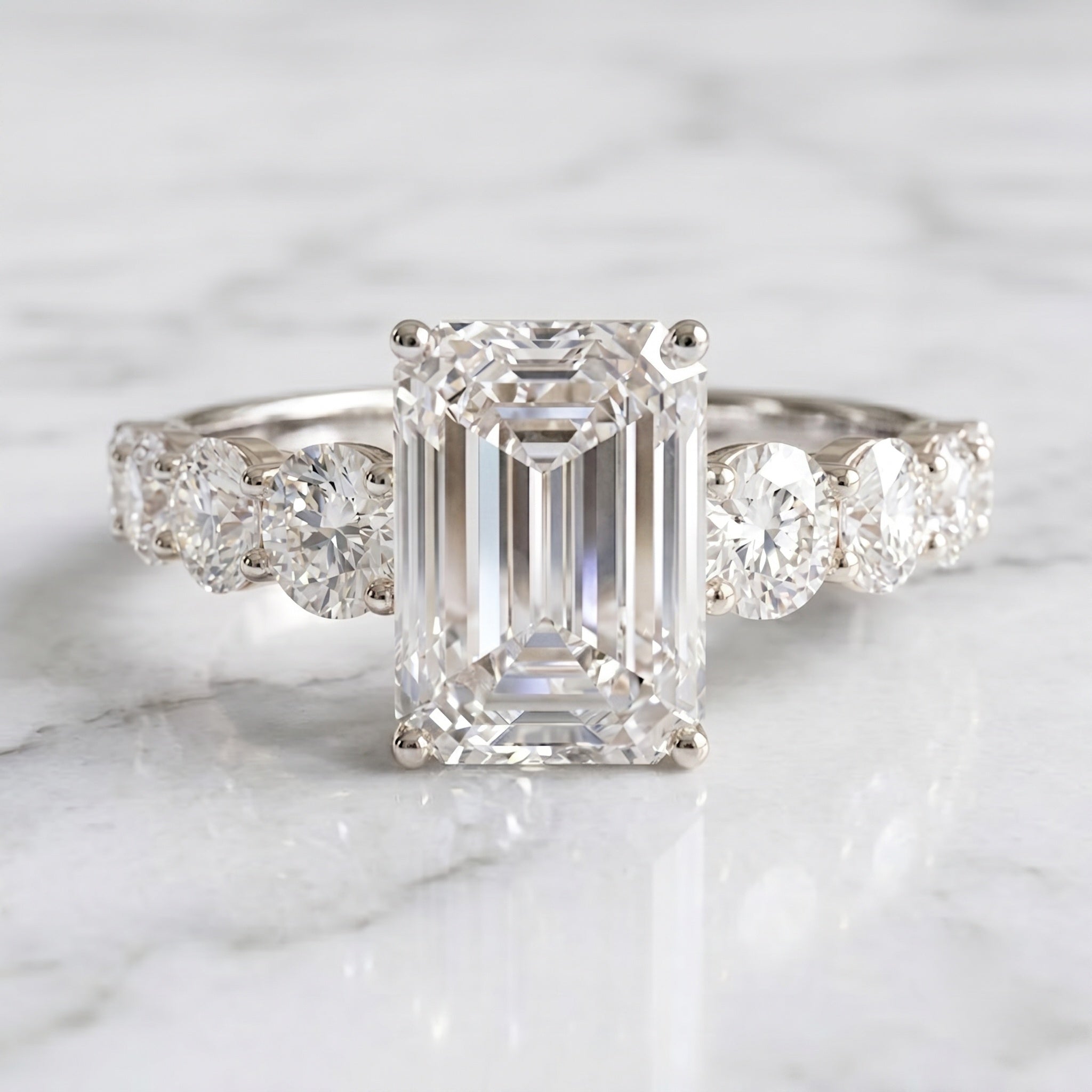 3 Carat IGI Certified Emerald Cut Lab Grown Diamond Engagement Ring with Side Stones Lab - ( E-VS1 ) - Rosec Jewels