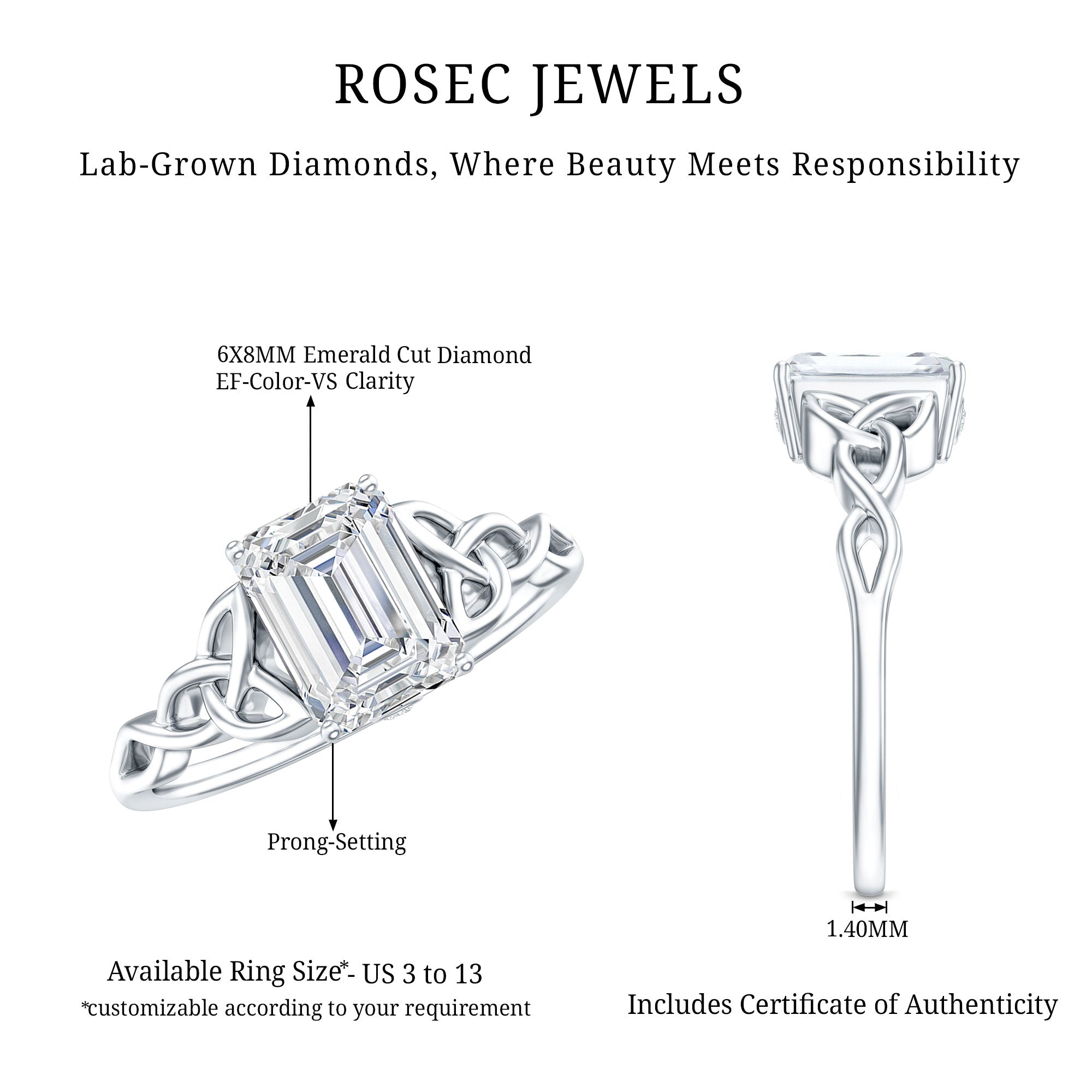 Rosec Jewels-2 Carat Emerald Cut Lab Grown Diamond Celtic Engagement Ring with IGI Certificate