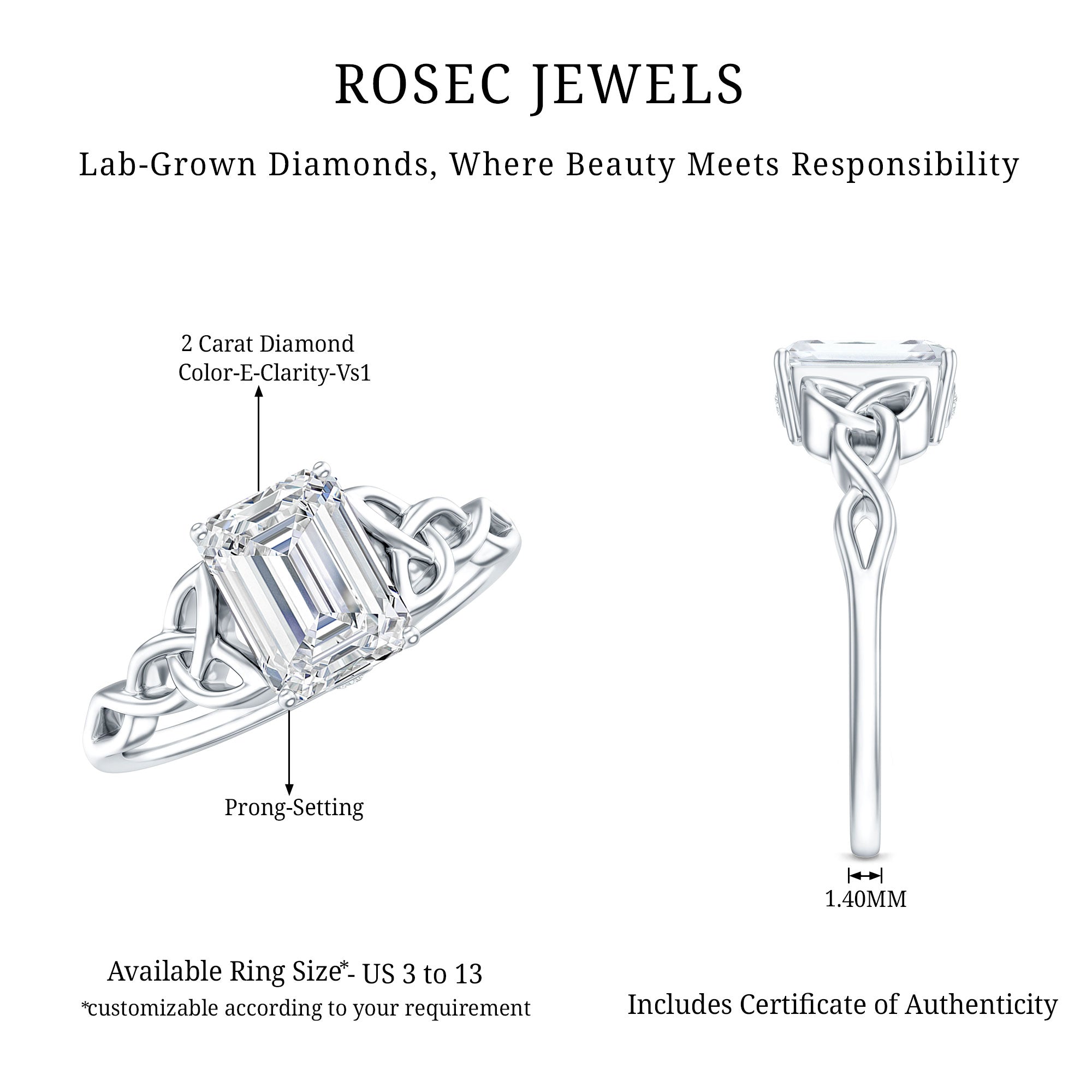 2 Carat Emerald Cut Lab Grown Diamond Celtic Engagement Ring with IGI Certificate Lab - ( E-VS1 ) - Rosec Jewels