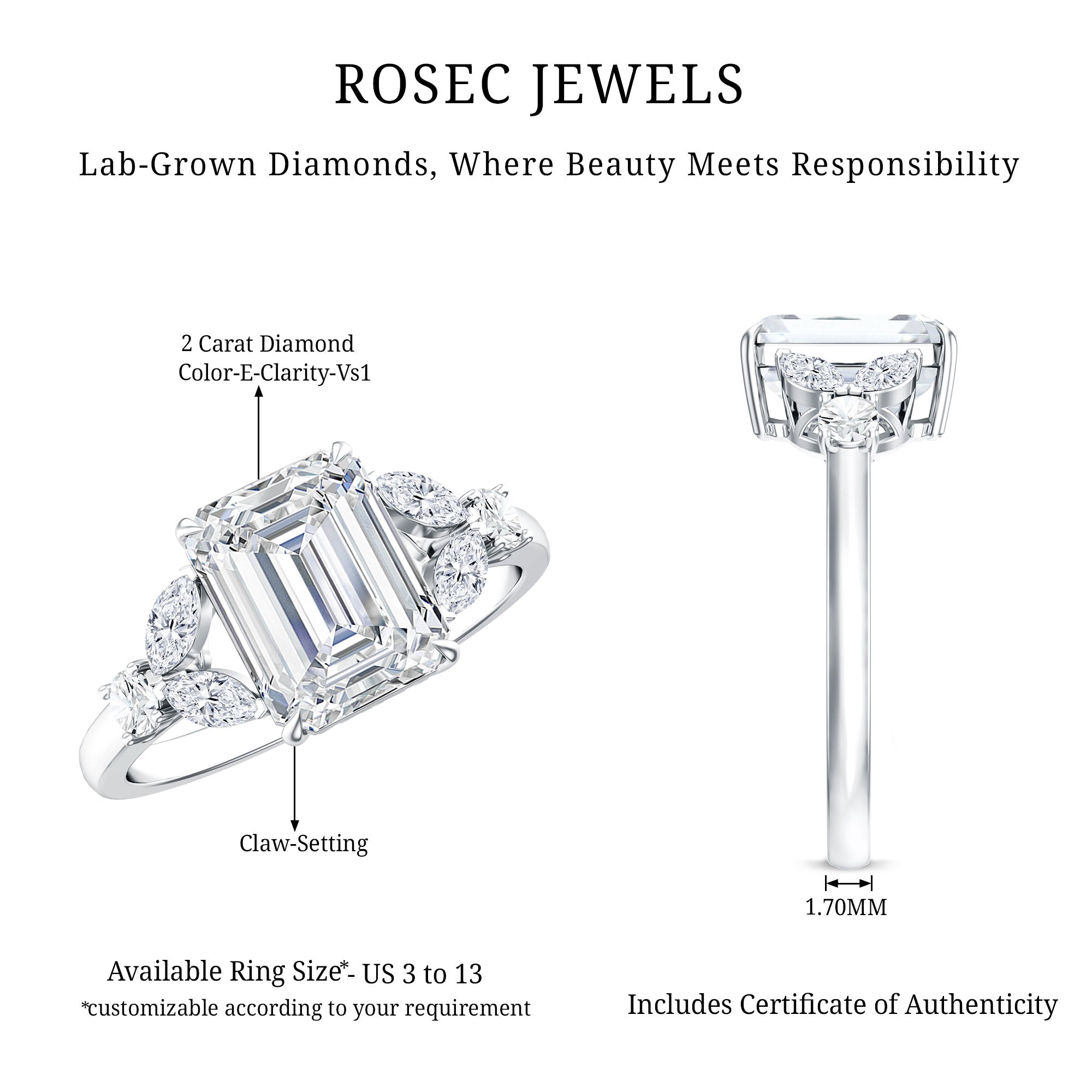 IGI Certified Emerald Cut Lab Grown Diamond Split Shank Engagement Ring 2 Carat Lab - ( E-VS1 ) - Rosec Jewels