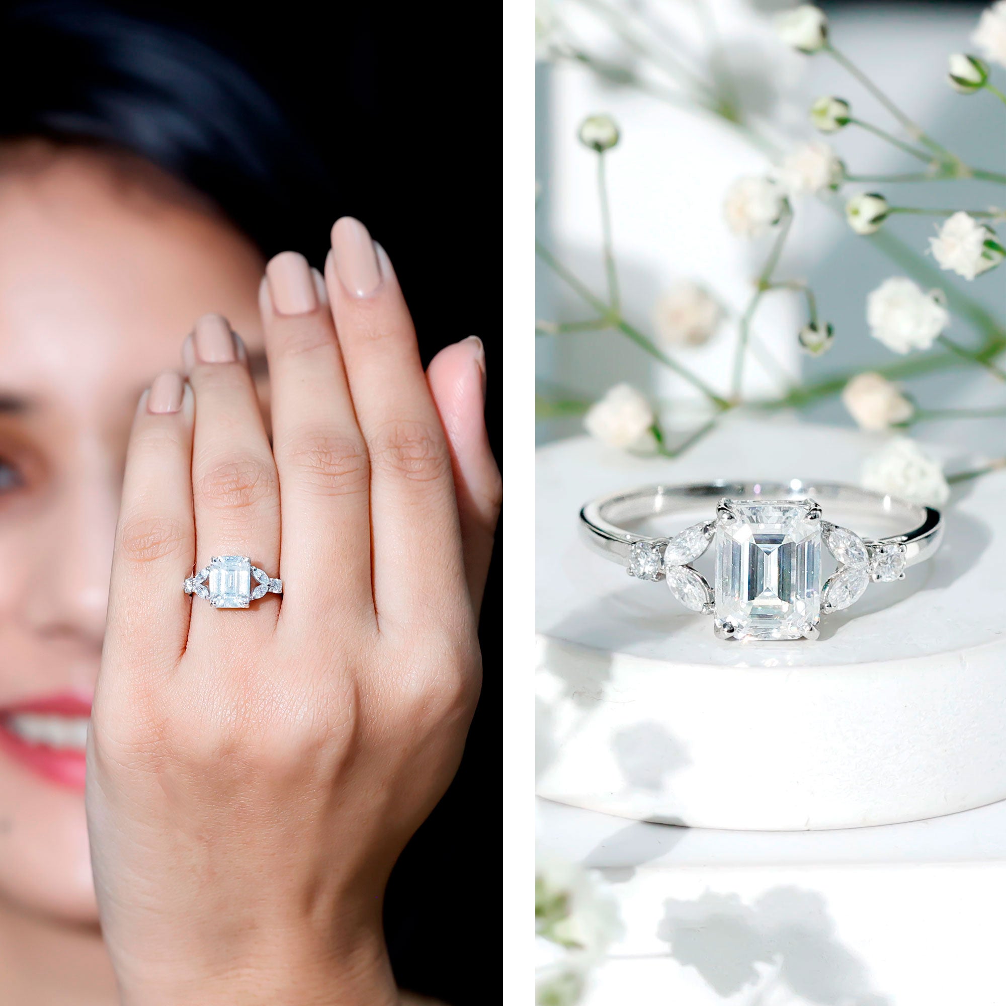 Rosec Jewels-IGI Certified Emerald Cut Lab Grown Diamond Split Shank Engagement Ring 2 Carat