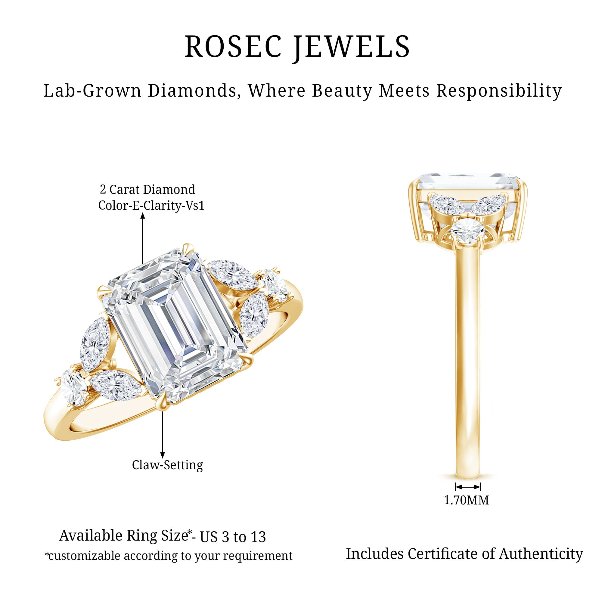 IGI Certified Emerald Cut Lab Grown Diamond Split Shank Engagement Ring 2 Carat Lab - ( E-VS1 ) - Rosec Jewels