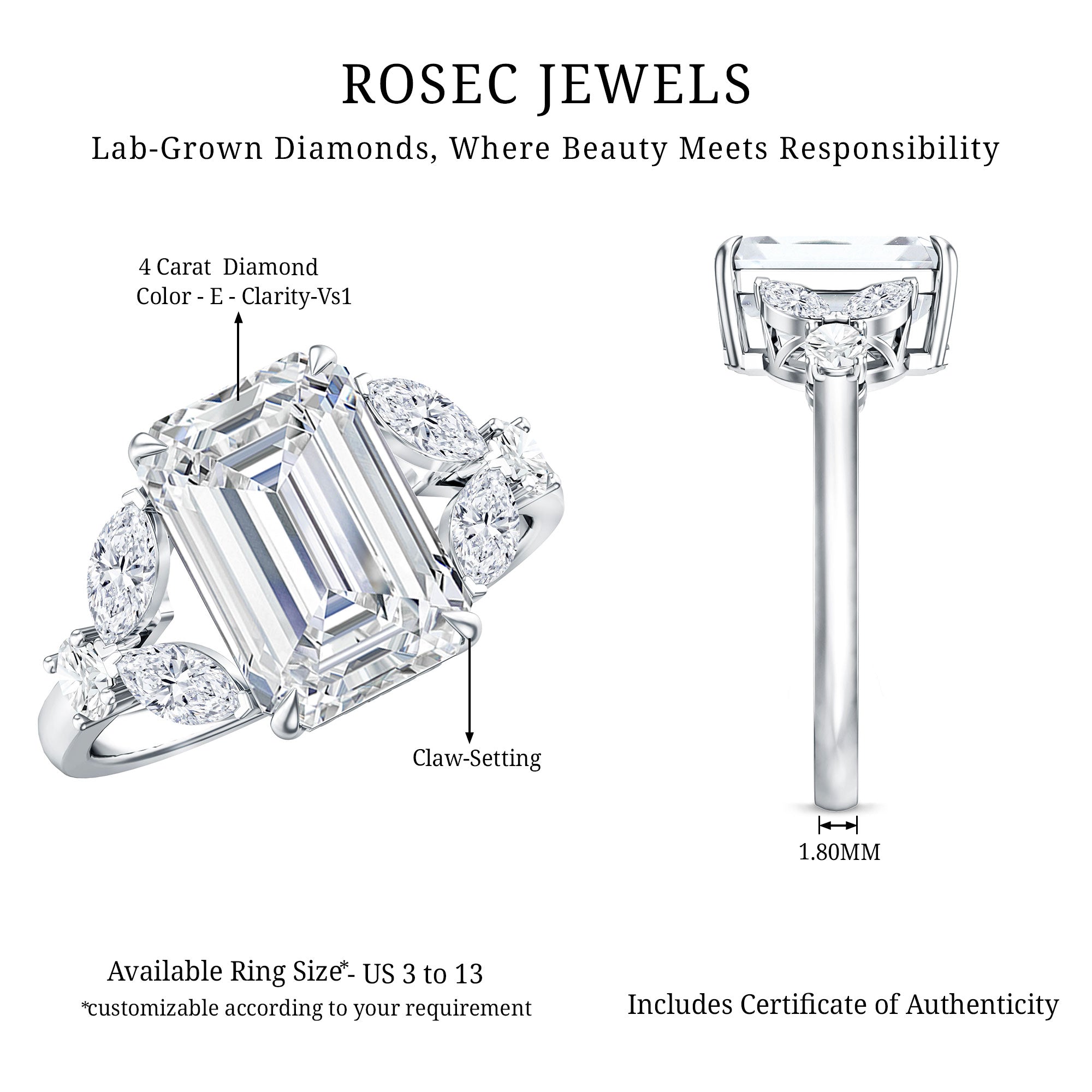 IGI Certified Emerald Cut Lab Grown Diamond Statement Engagement Ring 5 Carat Lab - ( E-VS1 ) - Rosec Jewels