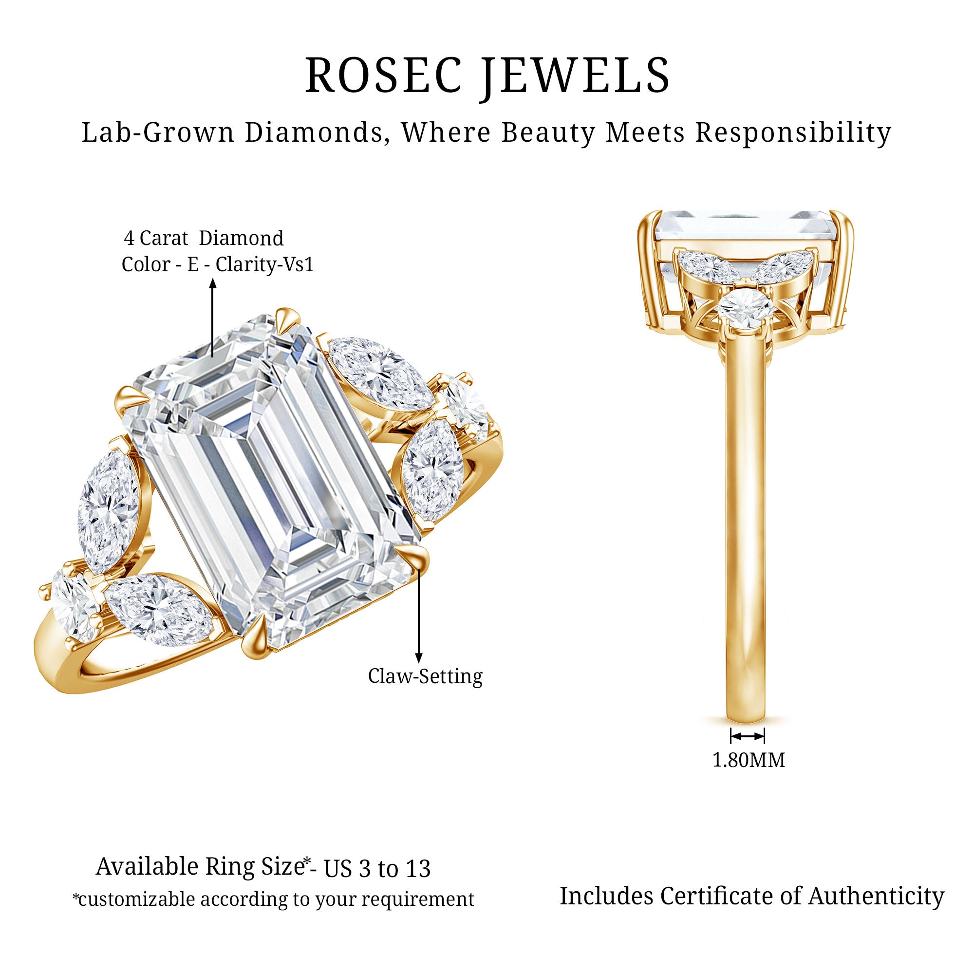 IGI Certified Emerald Cut Lab Grown Diamond Statement Engagement Ring 5 Carat Lab - ( E-VS1 ) - Rosec Jewels