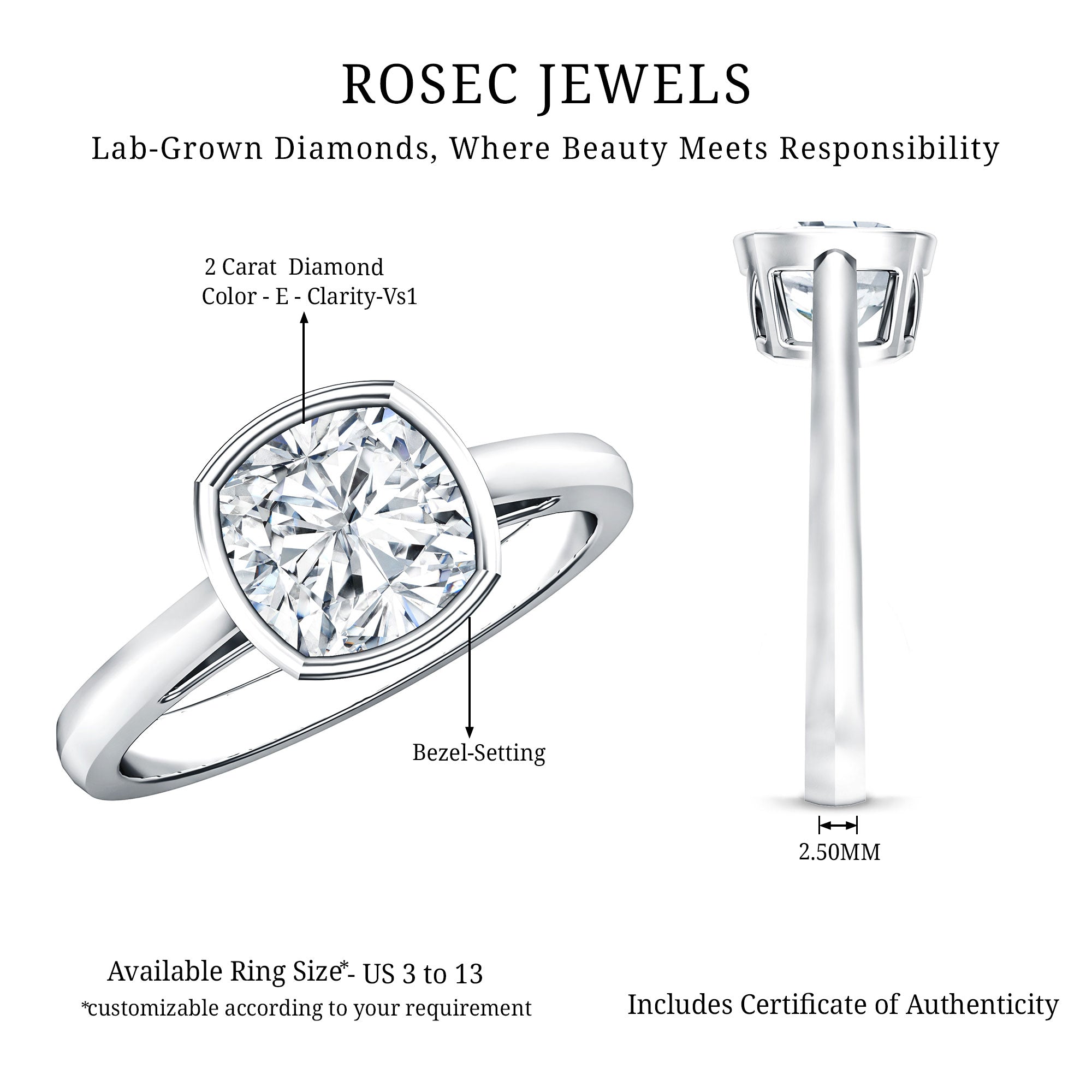 Bezel Set 2 Carat Lab Grown Diamond Cushion Engagement Ring IGI Certified Lab - ( E-VS1 ) - Rosec Jewels