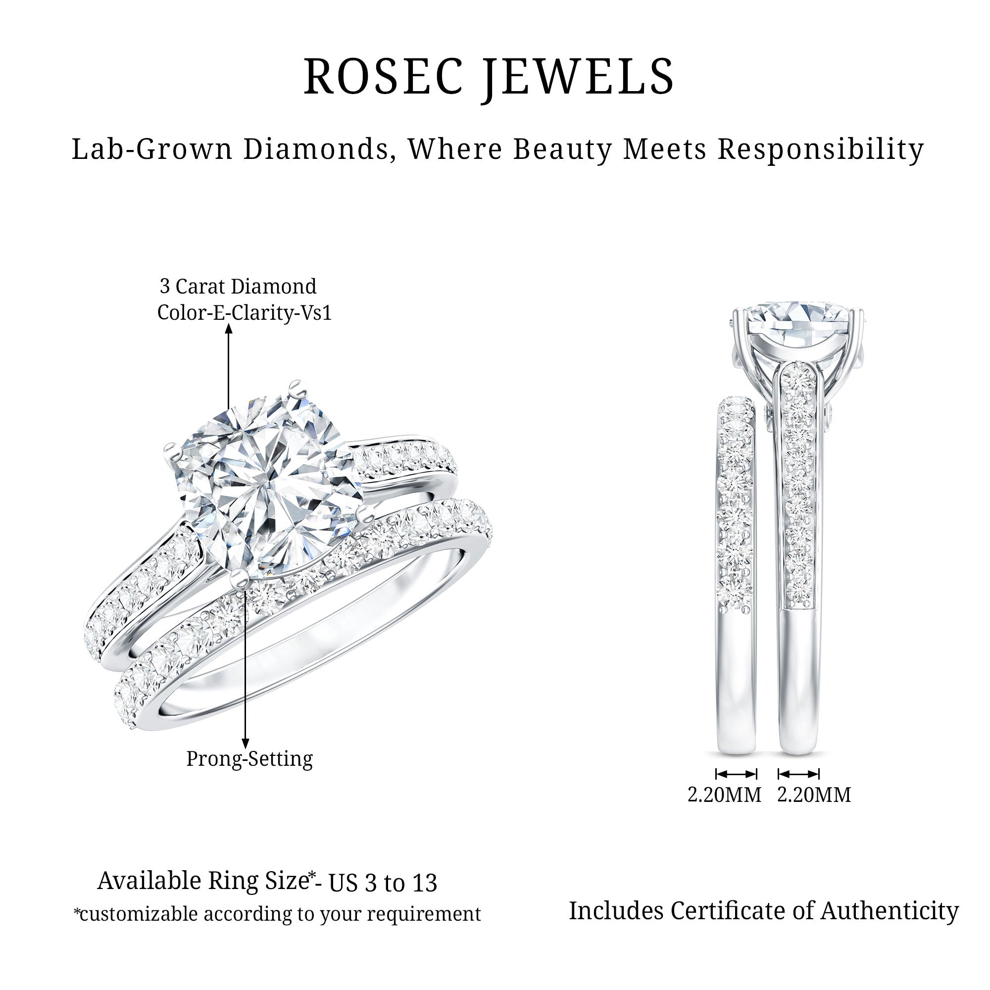 IGI Certified Cushion Cut 3 Carat Lab Grown Diamond Bridal Ring Set for Women Lab - ( E-VS1 ) - Rosec Jewels