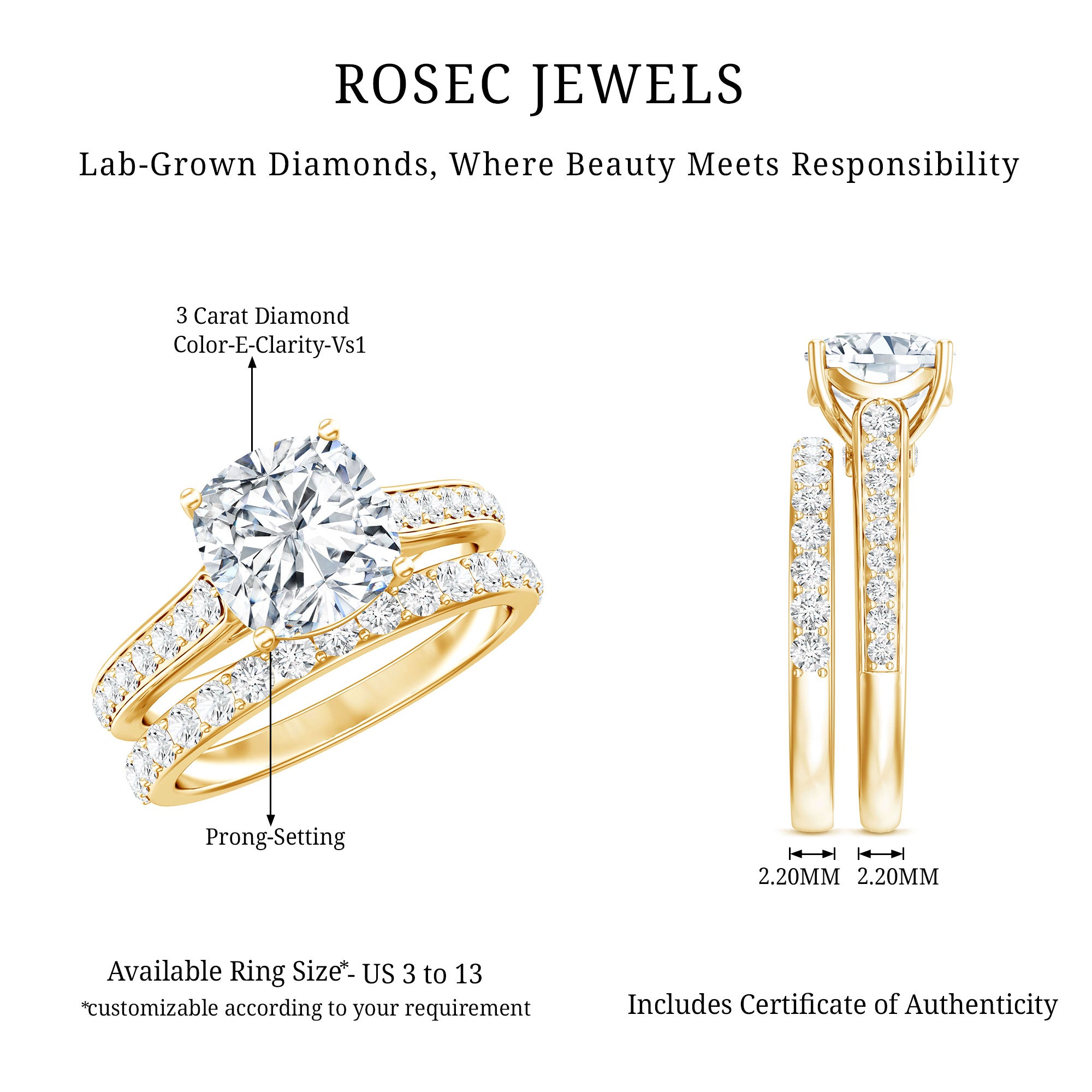 IGI Certified Cushion Cut 3 Carat Lab Grown Diamond Bridal Ring Set for Women Lab - ( E-VS1 ) - Rosec Jewels