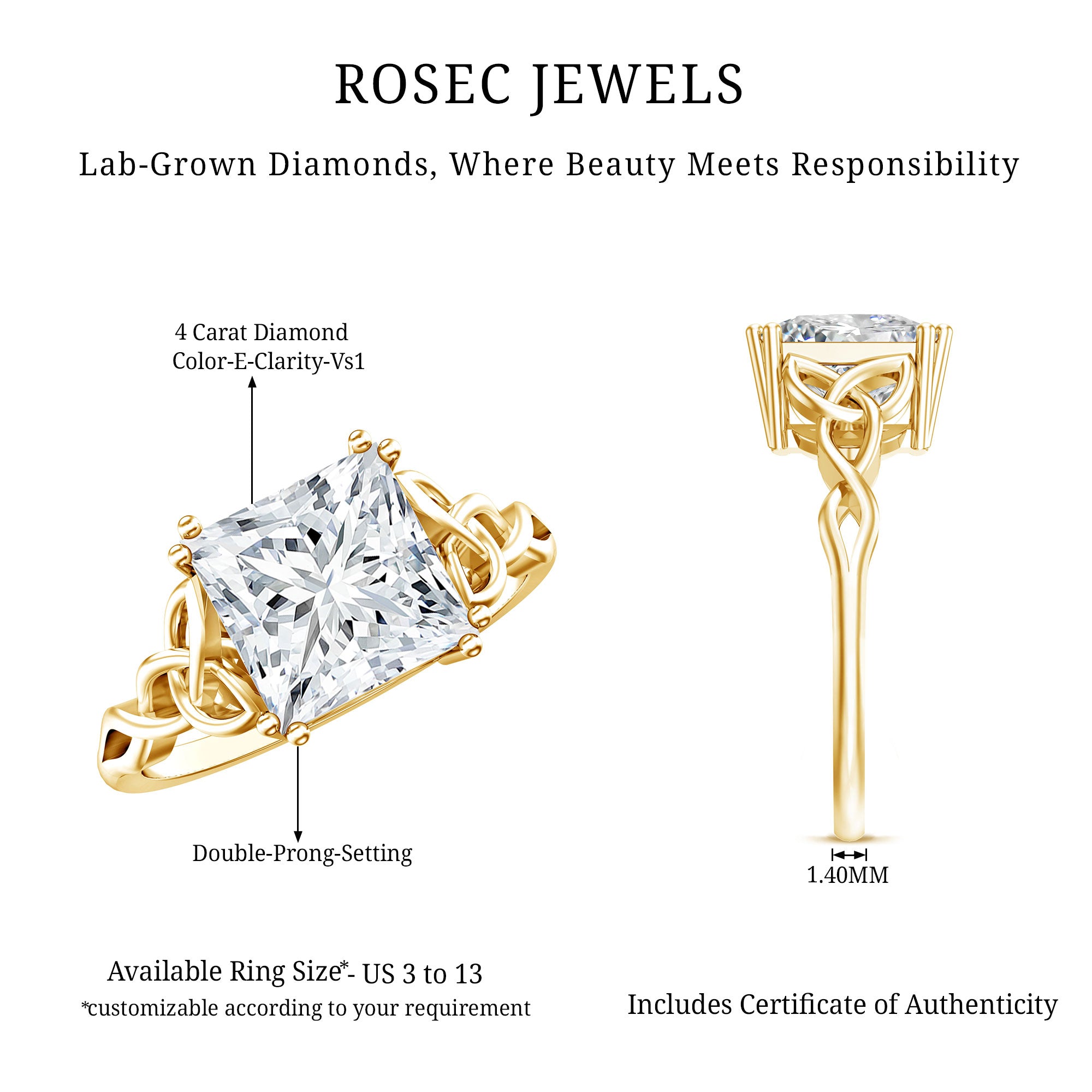 Solitaire 4 Carat Princess Cut Lab Grown Diamond Knot Engagement Ring IGI Certified Lab - ( E-VS1 ) - Rosec Jewels