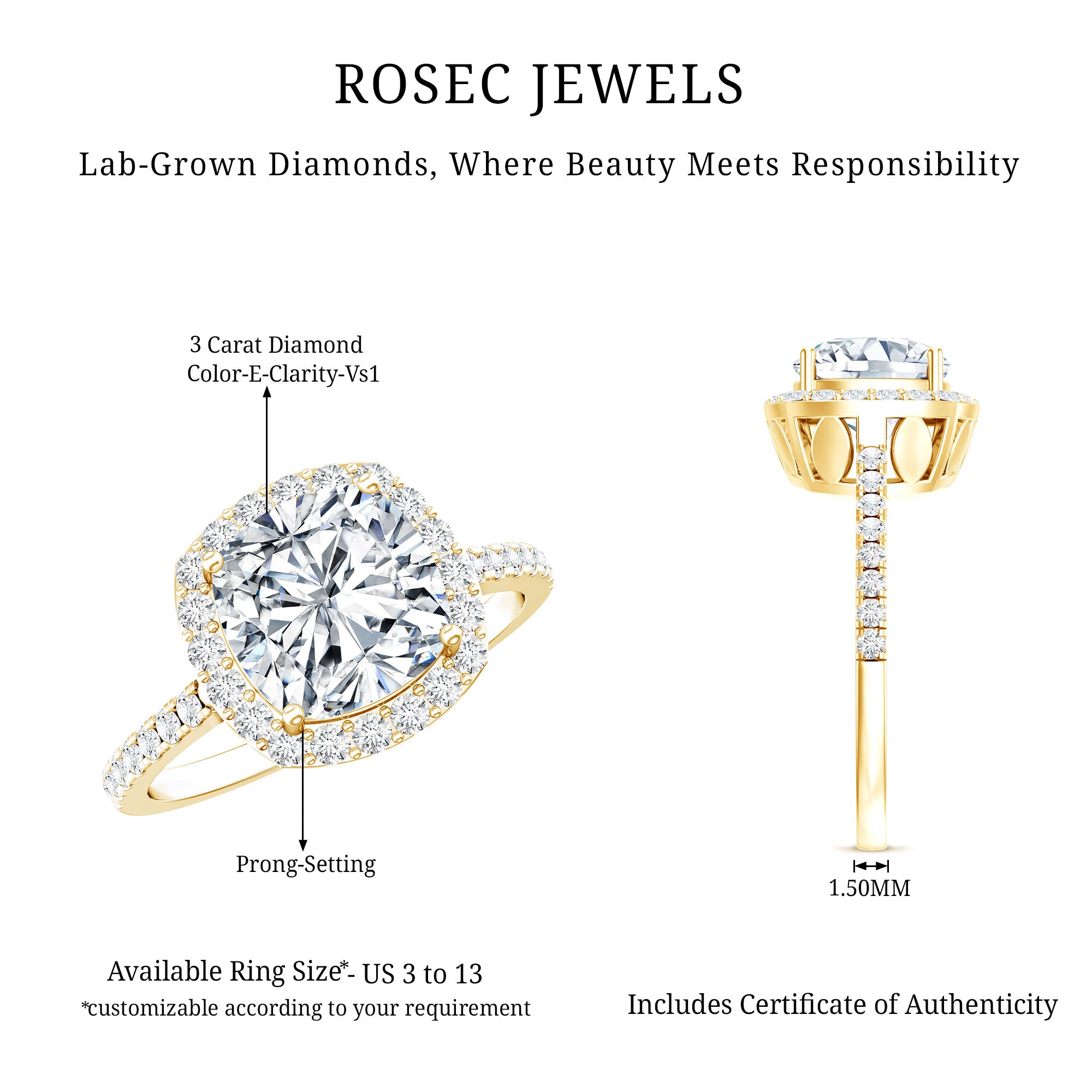 3 Carat Lab Grown Diamond Halo Engagement Ring with IGI Certificate Lab - ( E-VS1 ) - Rosec Jewels