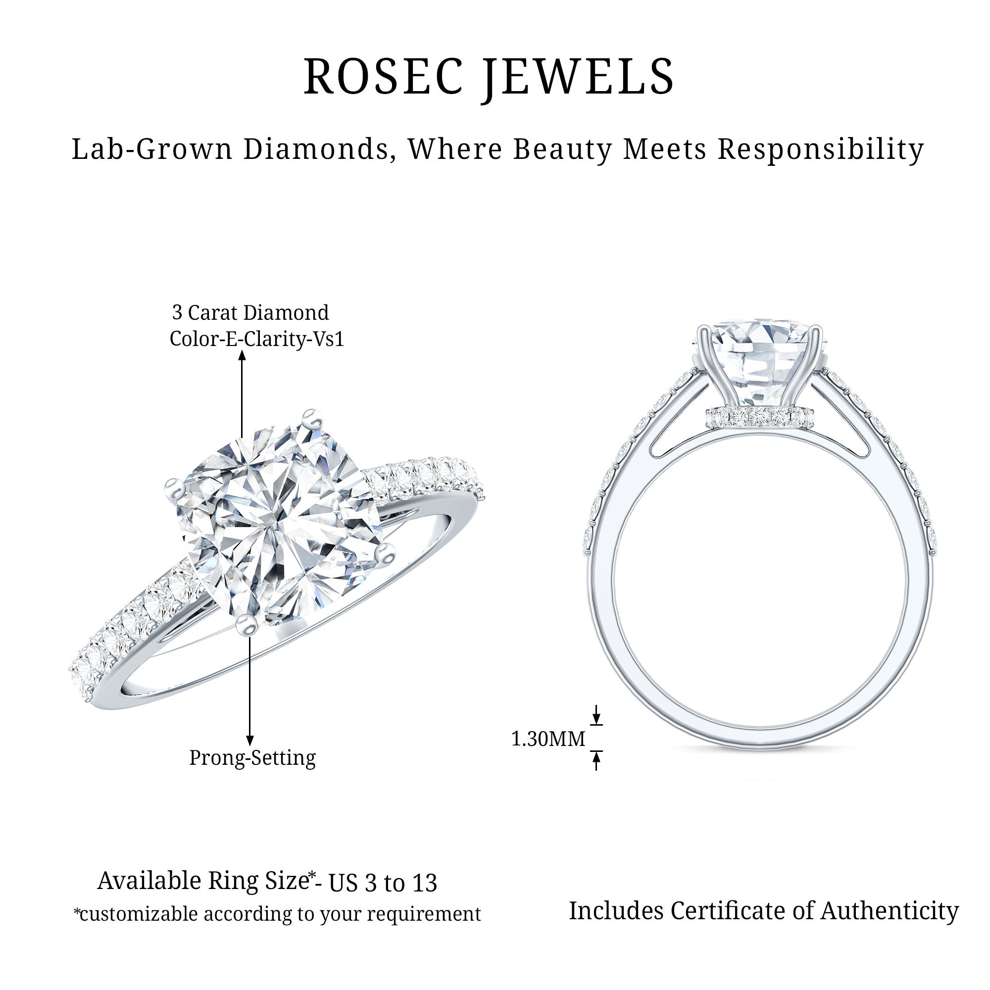 3 Carat Cushion Cut Lab Diamond Solitaire Engagement Ring IGI Certified Lab - ( E-VS1 ) - Rosec Jewels