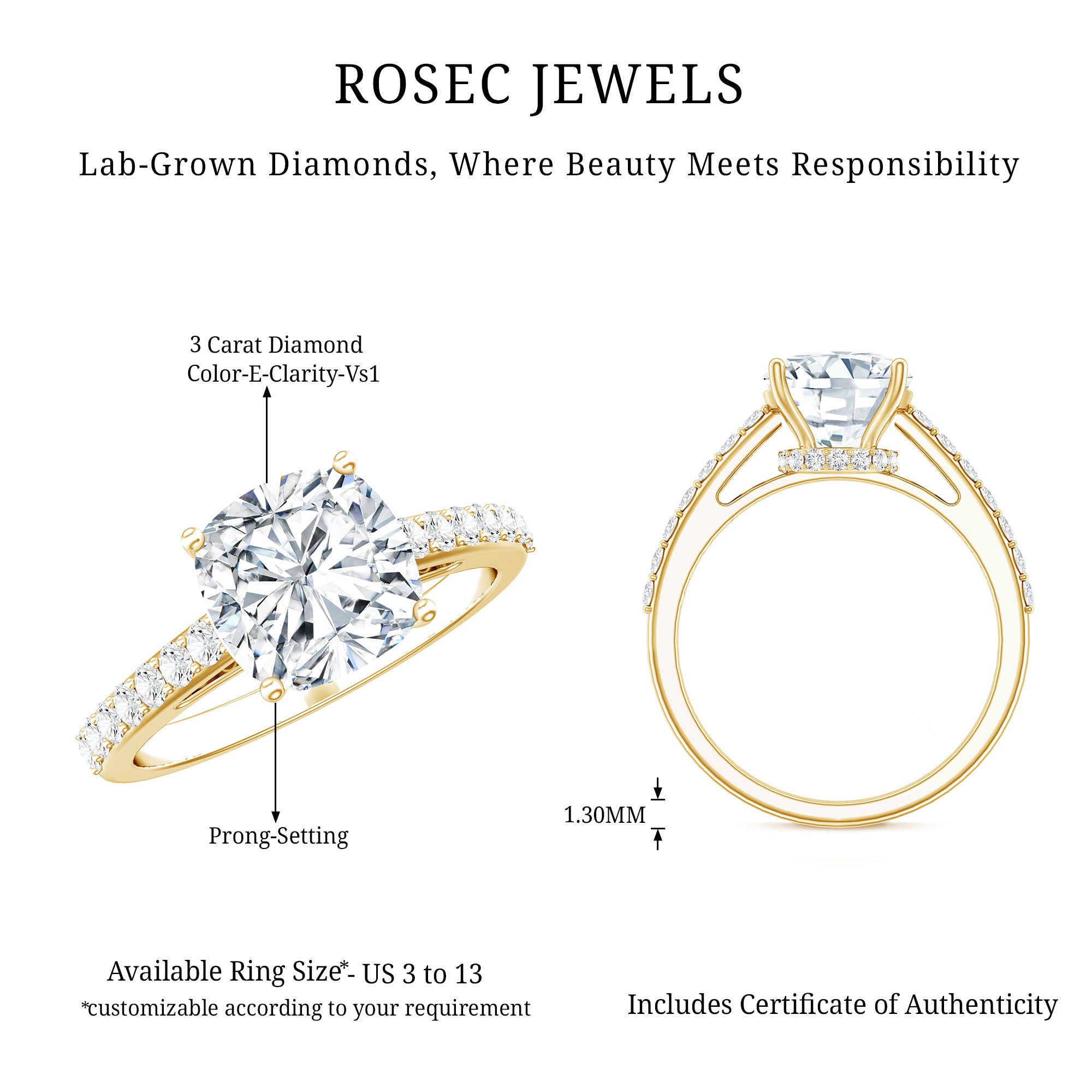 3 Carat Cushion Cut Lab Diamond Solitaire Engagement Ring IGI Certified Lab - ( E-VS1 ) - Rosec Jewels