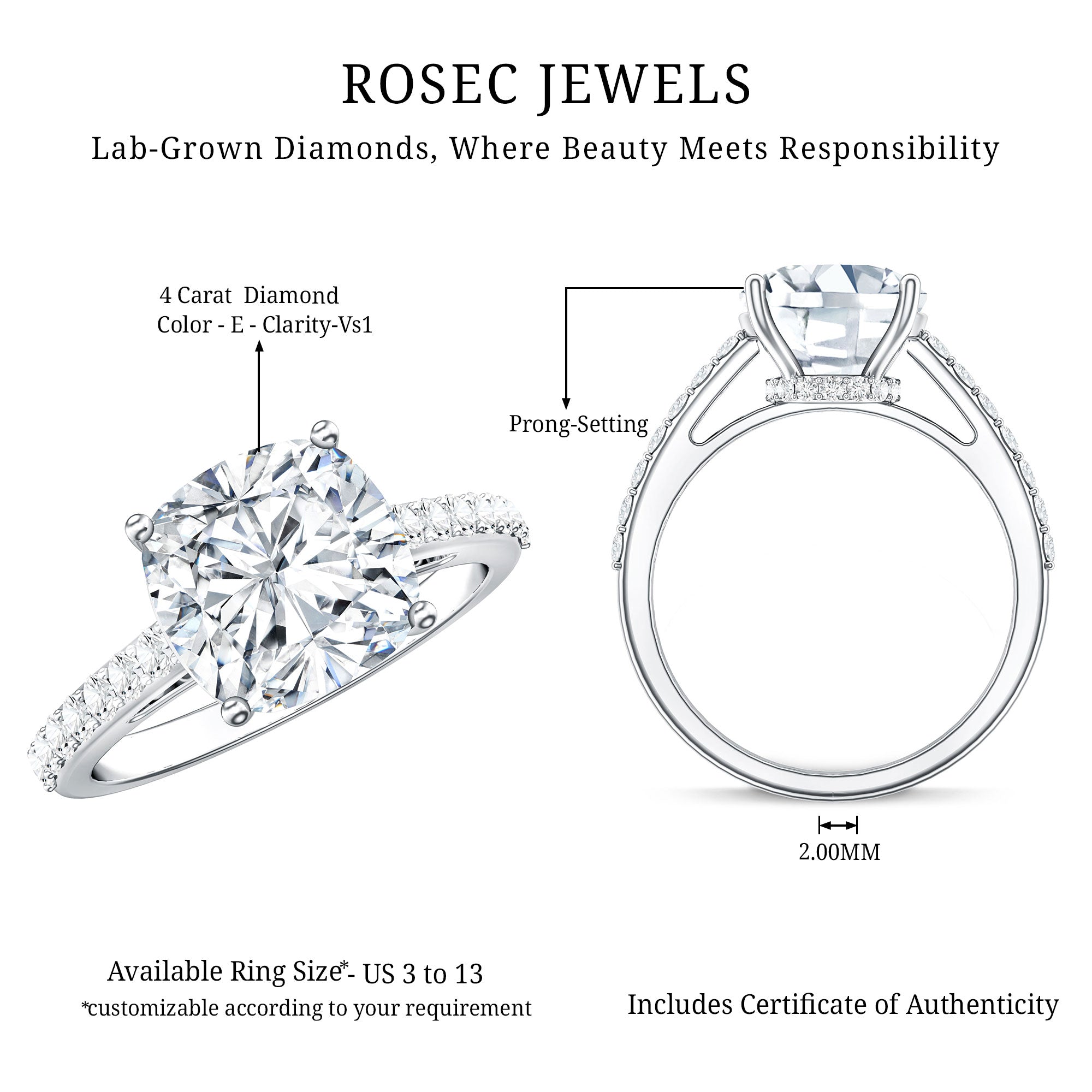 IGI Certified 4 Carat Lab Grown Cushion Diamond Engagement Ring with Hidden Halo Lab - ( E-VS1 ) - Rosec Jewels
