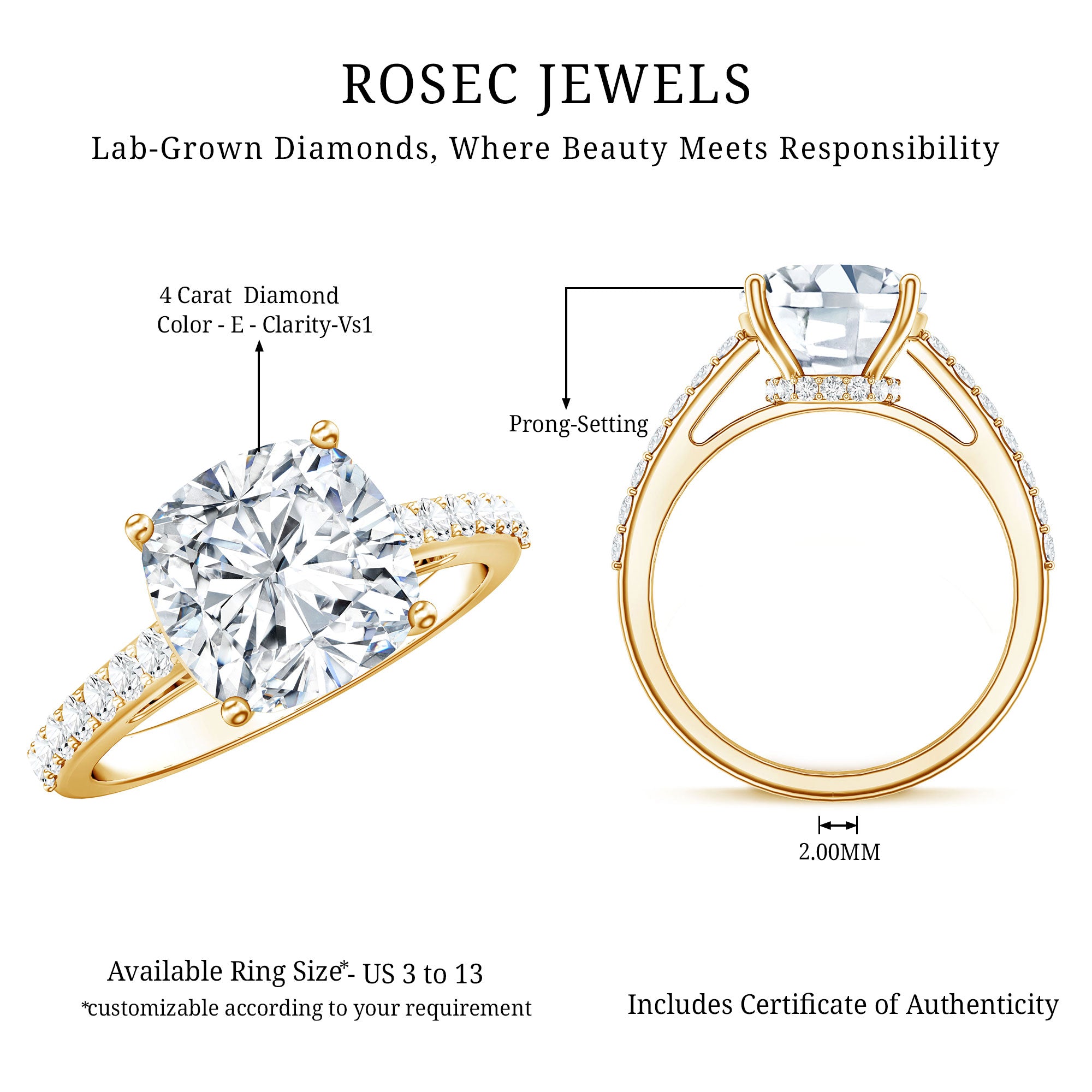 IGI Certified 4 Carat Lab Grown Cushion Diamond Engagement Ring with Hidden Halo Lab - ( E-VS1 ) - Rosec Jewels
