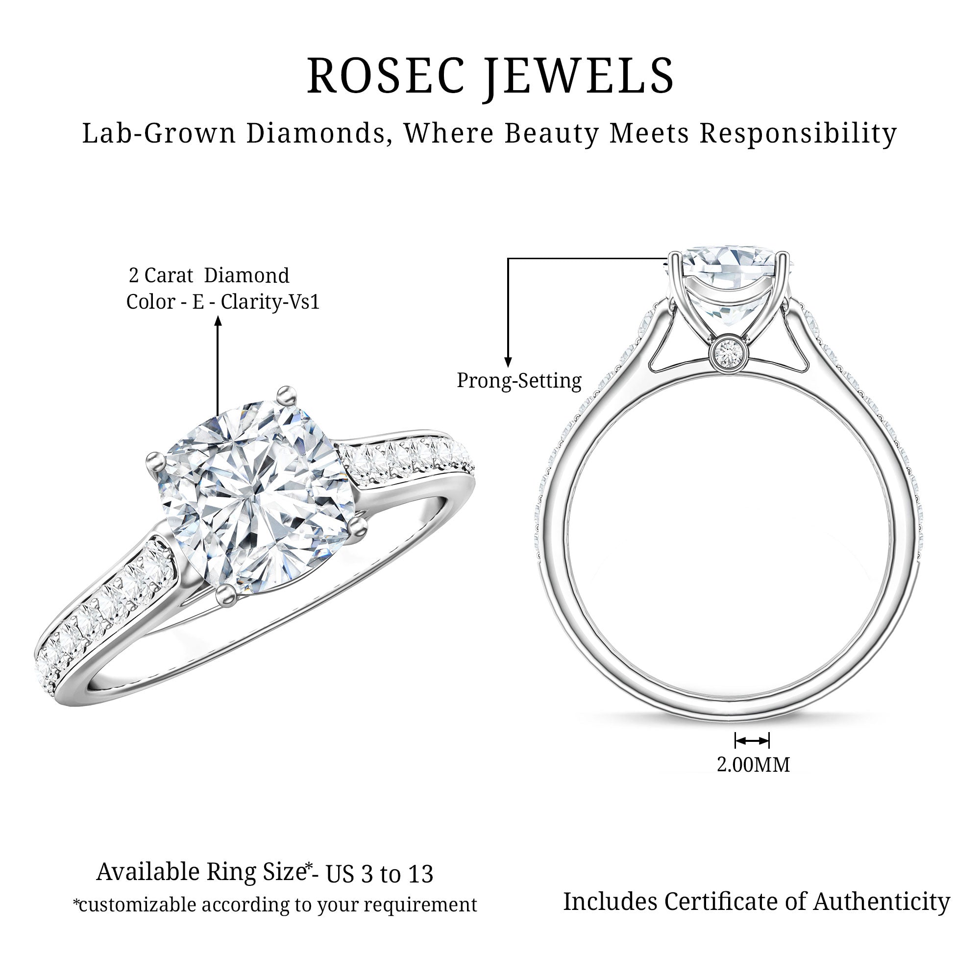 Cushion Cut 2 Carat Lab Grown Diamond Side Stone Engagement Ring IGI Certified Lab - ( E-VS1 ) - Rosec Jewels