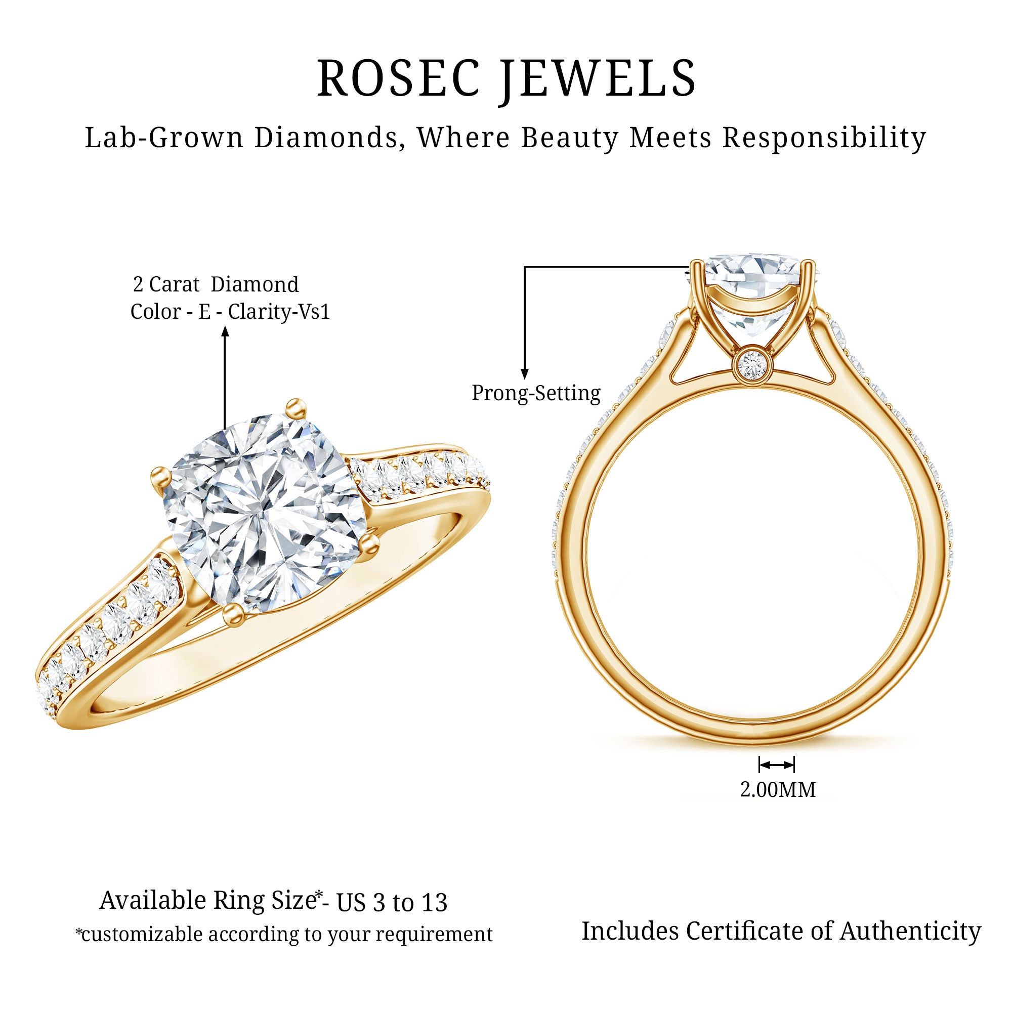 Cushion Cut 2 Carat Lab Grown Diamond Side Stone Engagement Ring IGI Certified Lab - ( E-VS1 ) - Rosec Jewels