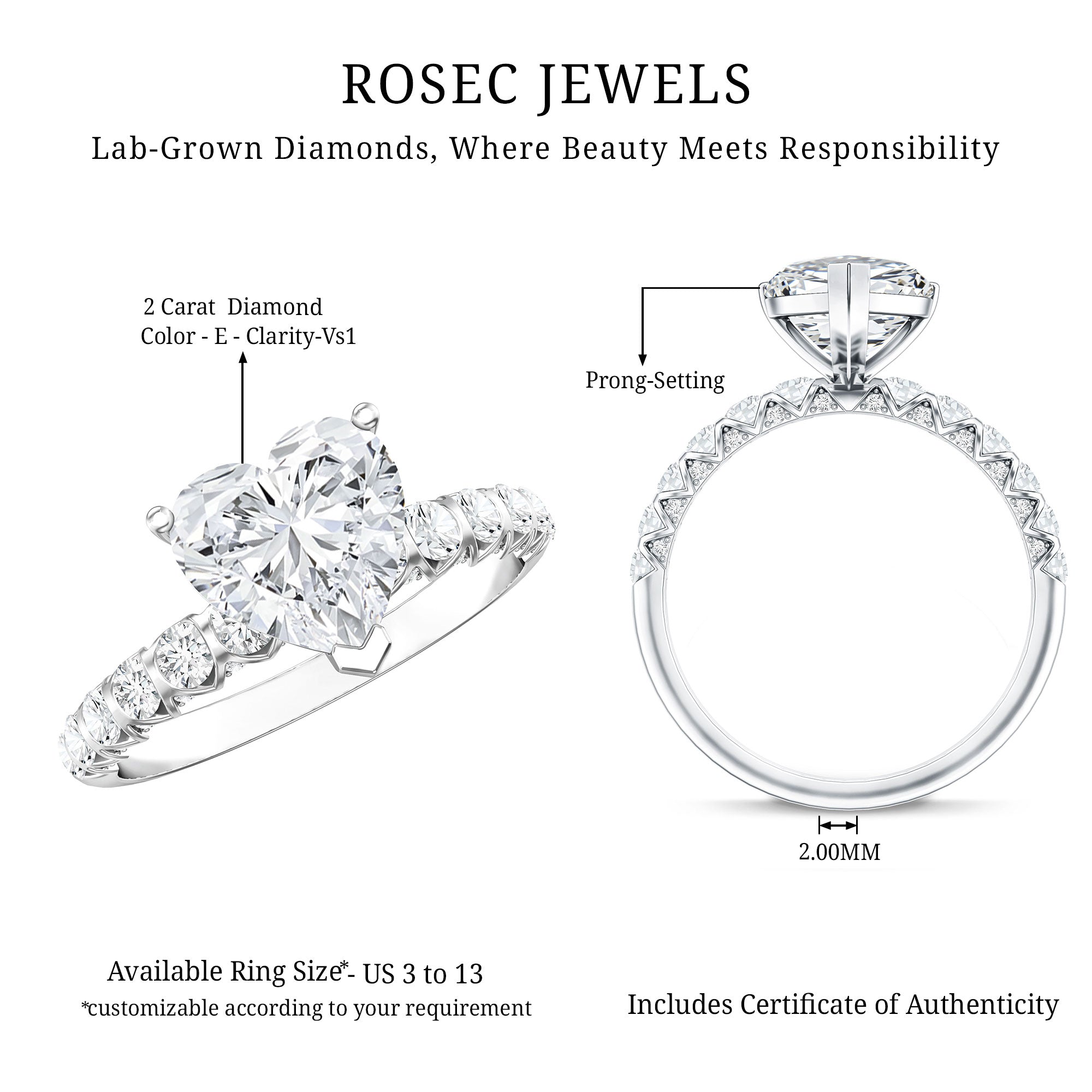 2 Carat Heart Shaped Lab Grown Diamond Engagement Ring with IGI Certificate Lab - ( E-VS1 ) - Rosec Jewels