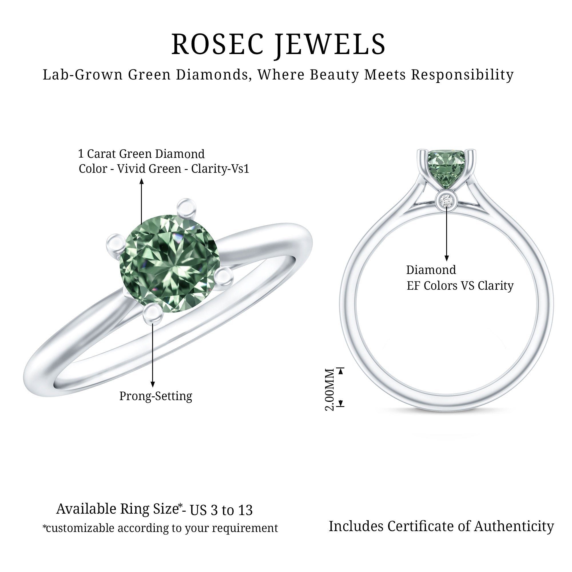 IGI Certified Lab Grown Green Diamond 1 Carat Solitaire Ring for Women Vivid Green - VS1 - Rosec Jewels
