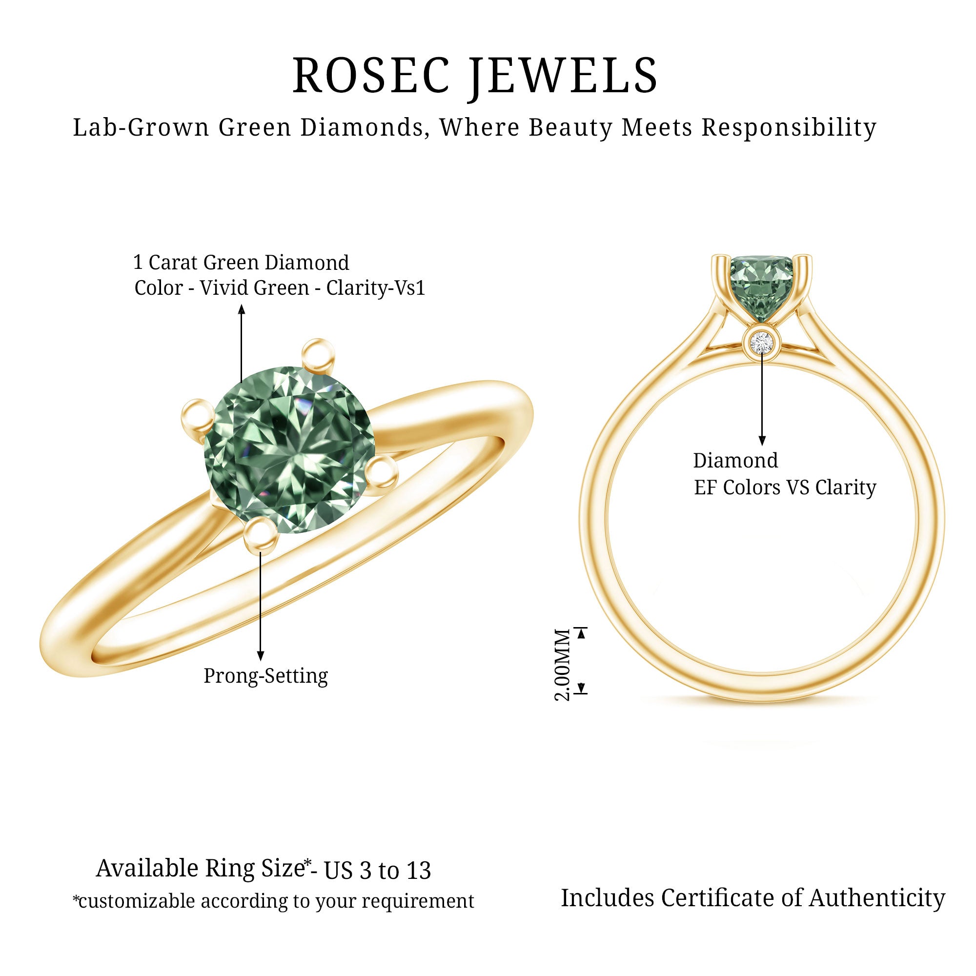 IGI Certified Lab Grown Green Diamond 1 Carat Solitaire Ring for Women Vivid Green - VS1 - Rosec Jewels