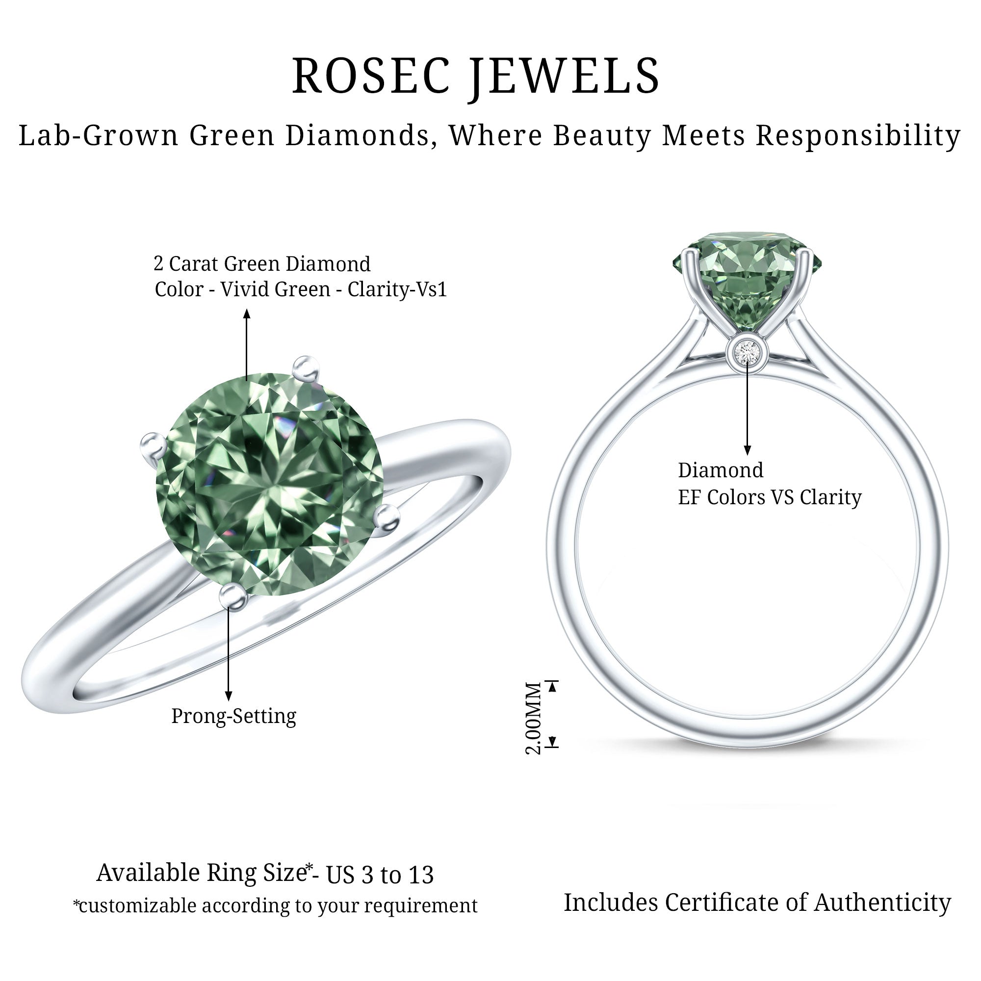 Solitaire 2 Carat Engagement Ring with IGI Certified Lab Grown Green Diamond VS1 - Rosec Jewels