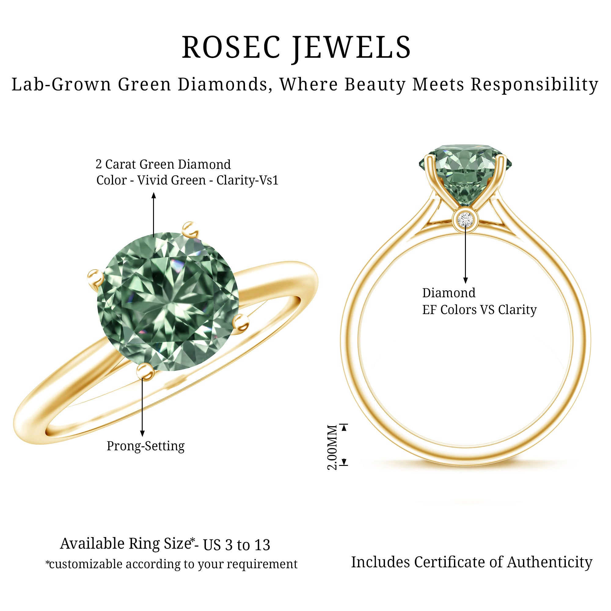 Solitaire 2 Carat Engagement Ring with IGI Certified Lab Grown Green Diamond VS1 - Rosec Jewels