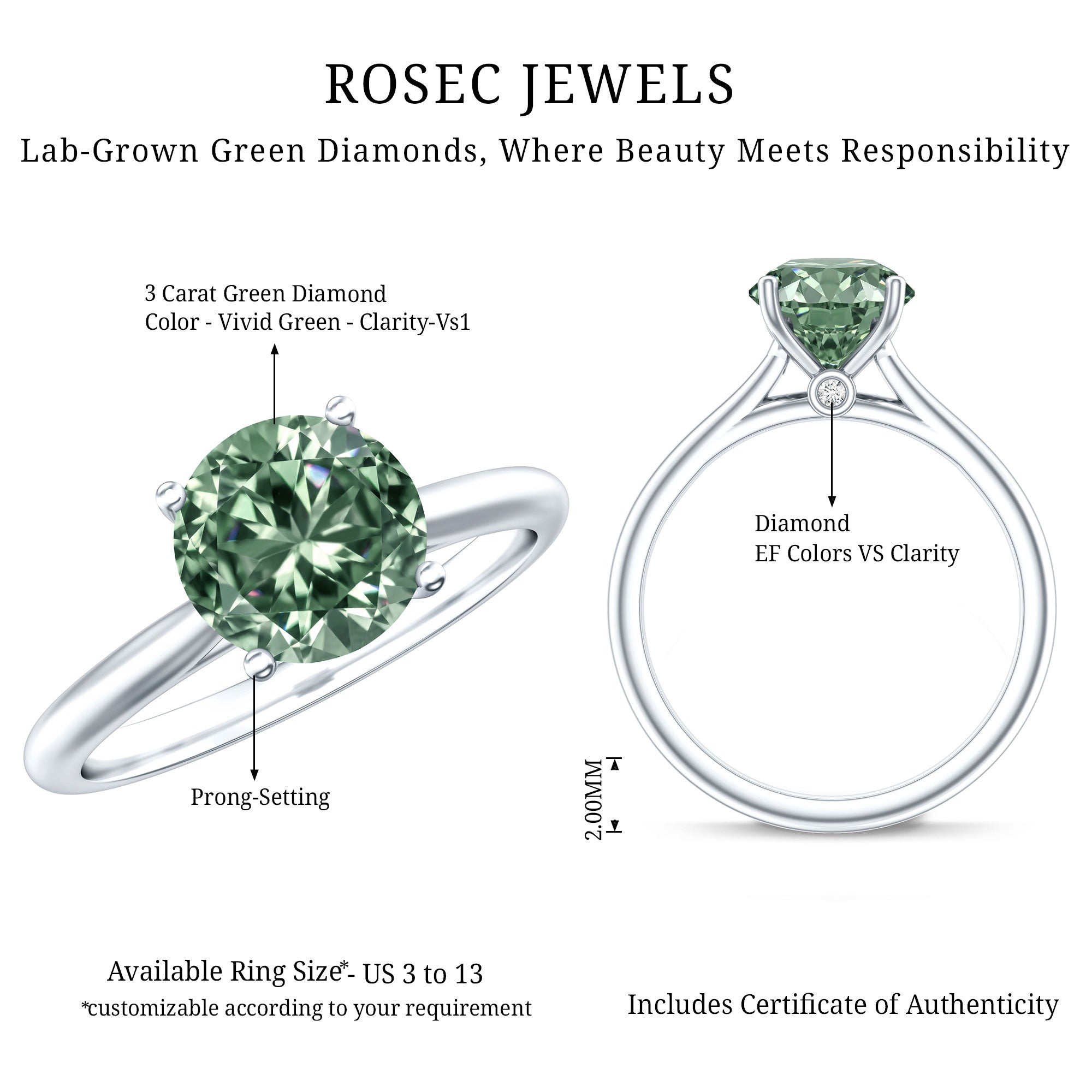 3 Carat Lab Grown Green Diamond Engagement Ring with IGI Certificate Vivid Green - VS1 - Rosec Jewels