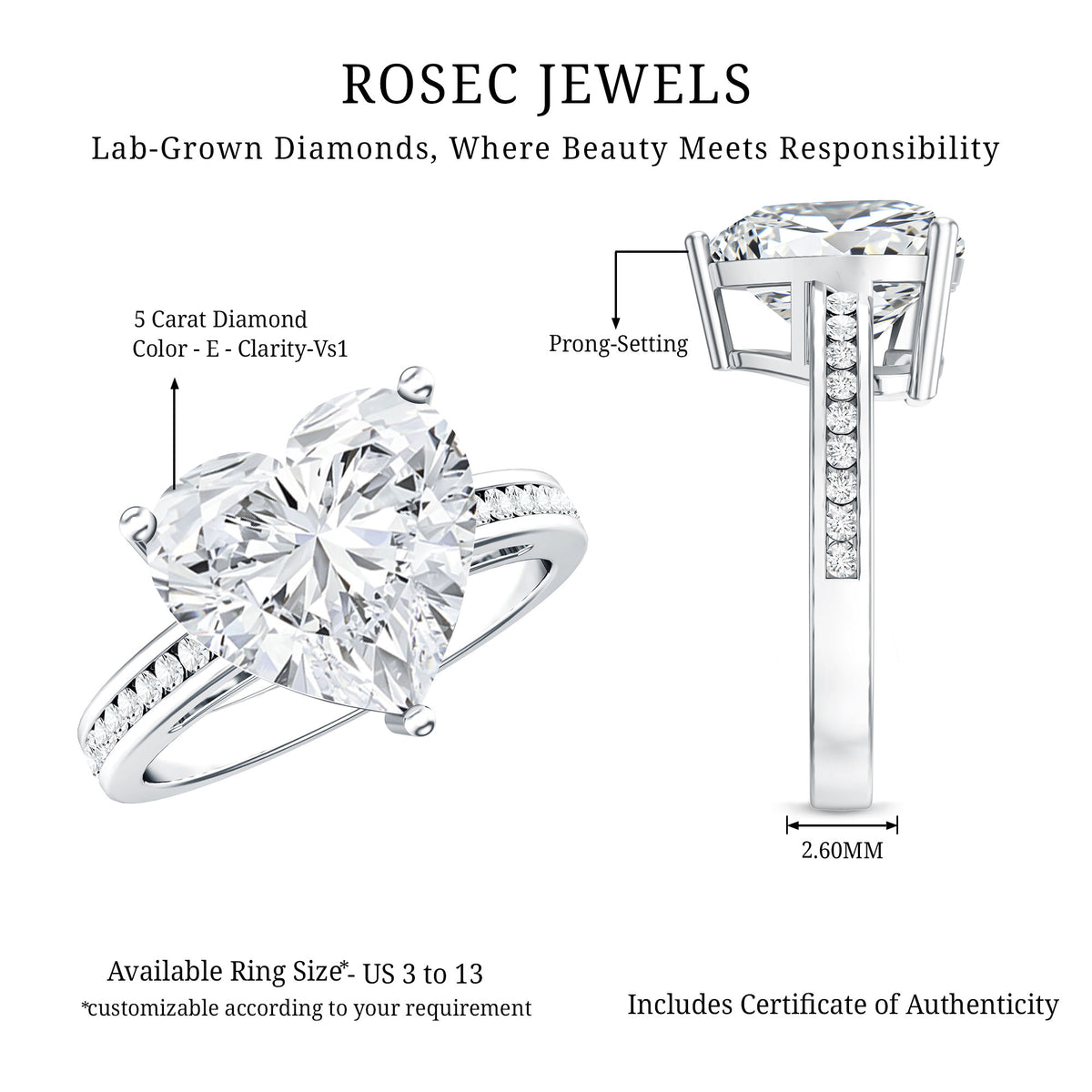 IGI Certified 5 Carat Lab Grown Diamond Heart Engagement Ring with Side Stones Lab - ( E-VS1 ) - Rosec Jewels