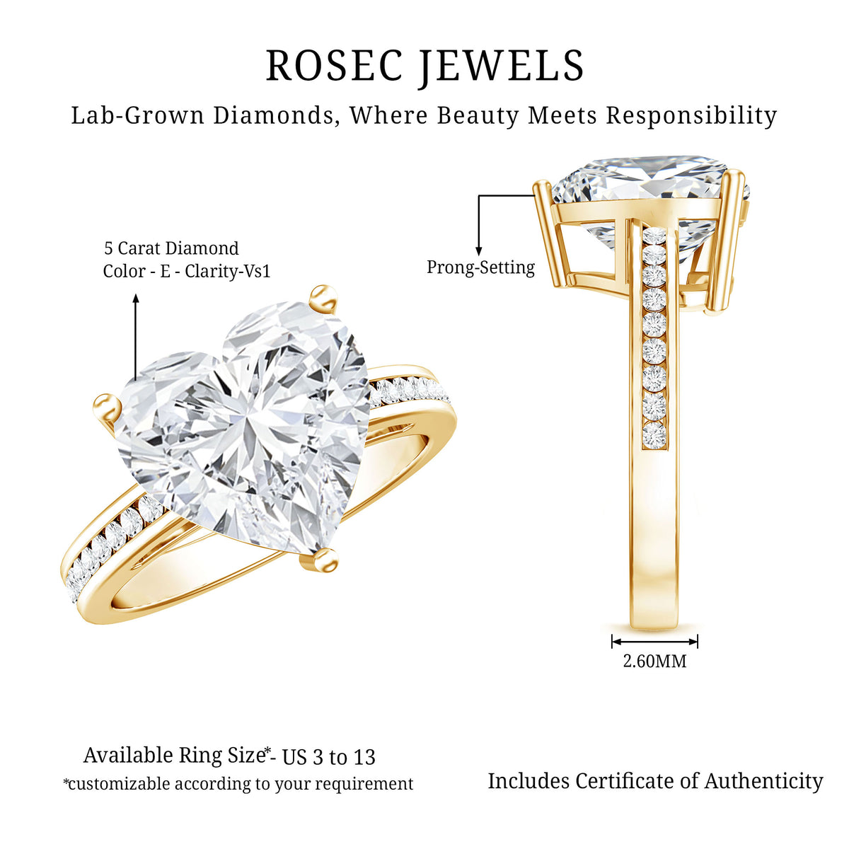 IGI Certified 5 Carat Lab Grown Diamond Heart Engagement Ring with Side Stones Lab - ( E-VS1 ) - Rosec Jewels
