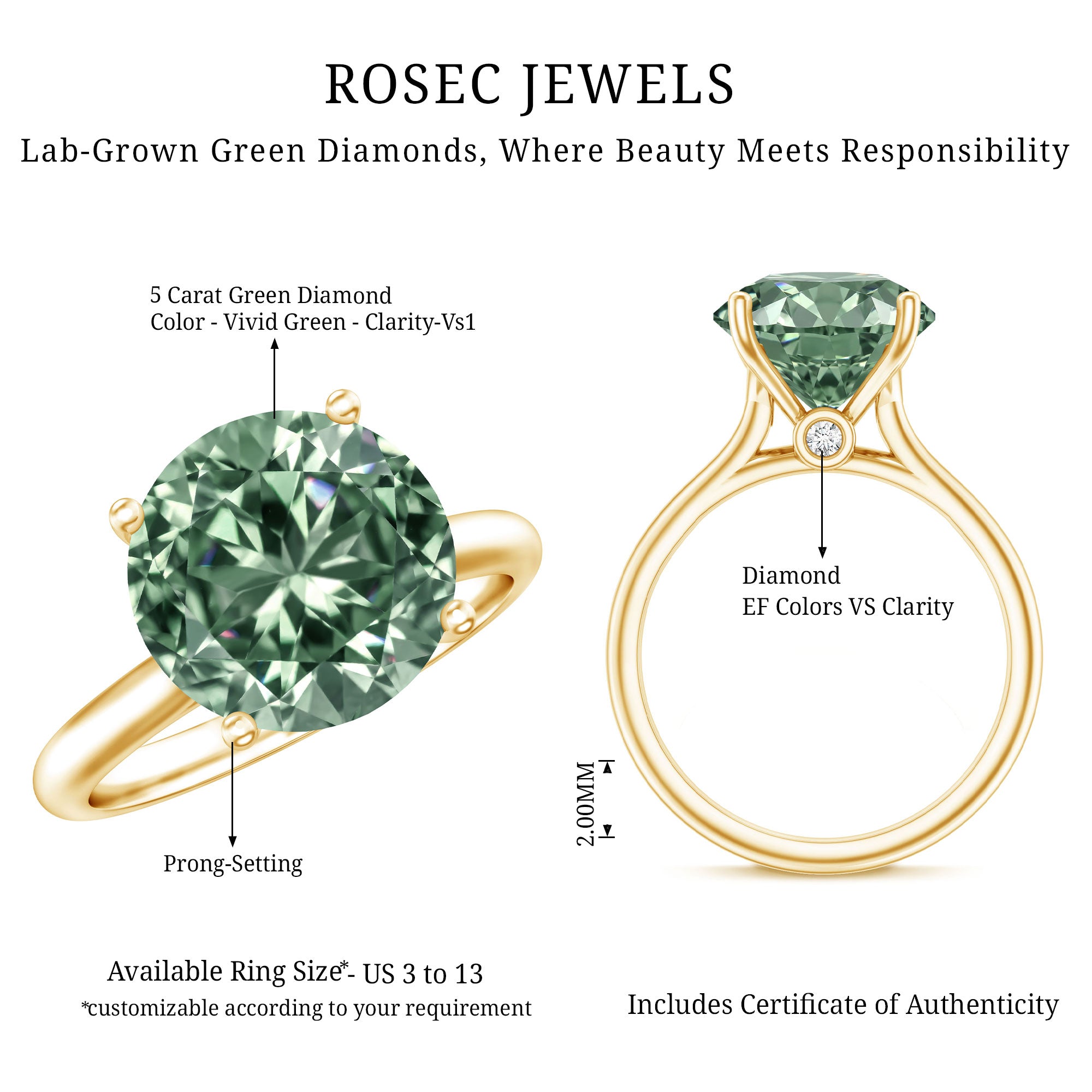 IGI Certified Huge Lab Grown Green Diamond Solitaire Engagement Ring 5 Carat Vivid Green - VS1 - Rosec Jewels
