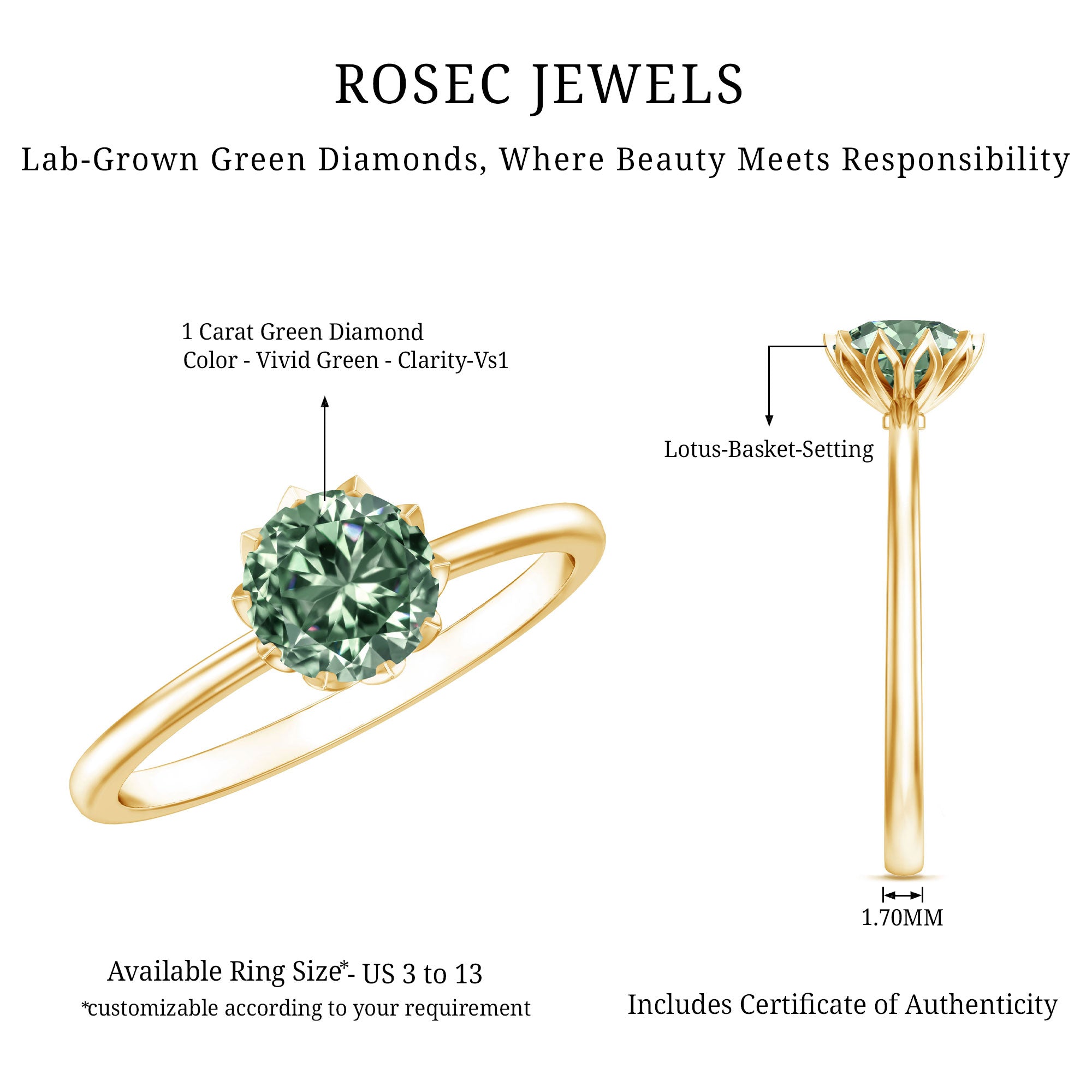 1 Carat Lab Grown Green Diamond Lotus Basket Engagement Ring with IGI Certificate Vivid Green - VS1 - Rosec Jewels