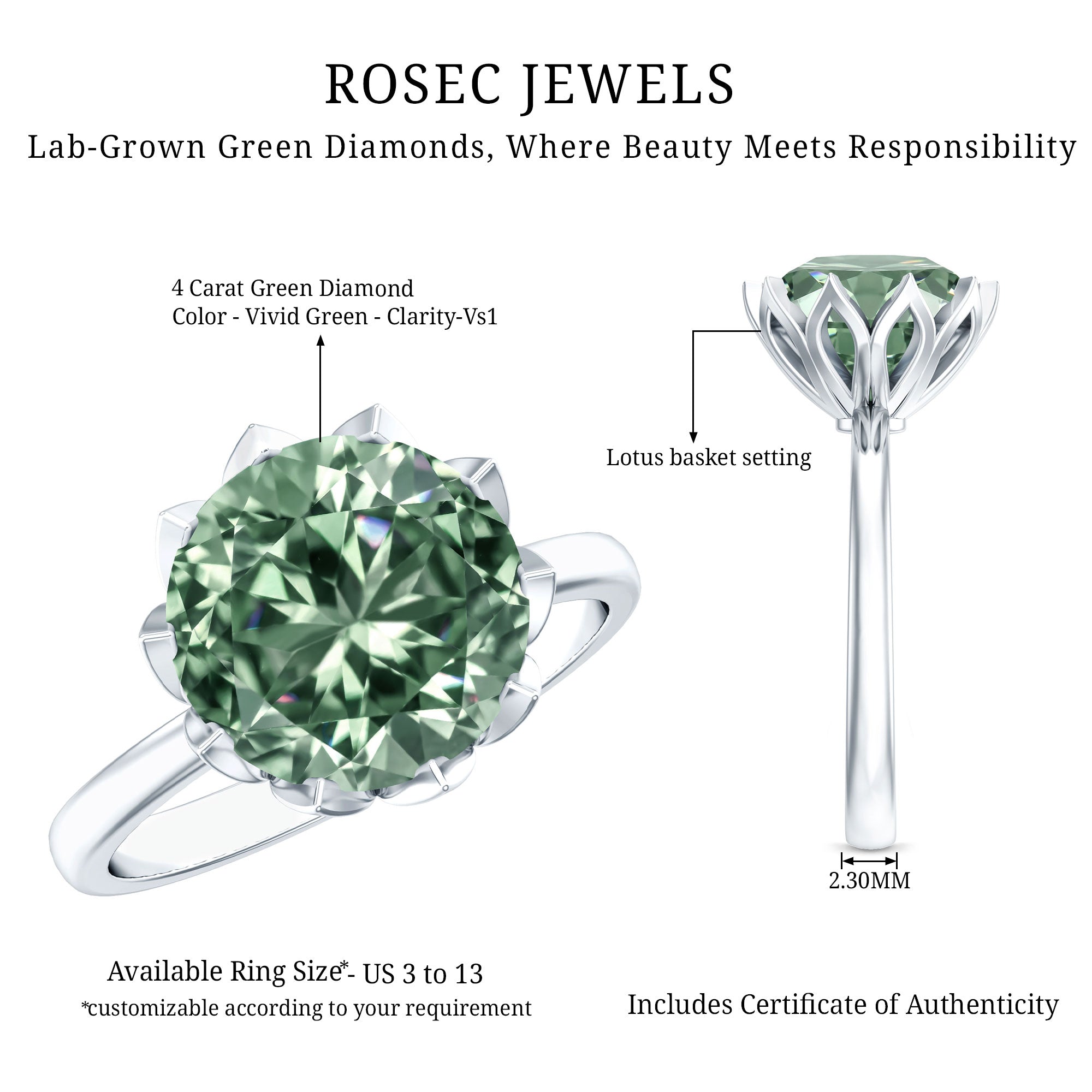 Rosec Jewels-Lotus Basket Set 4 Carat Lab Grown Green Diamond Solitaire Engagement Ring IGI Certified