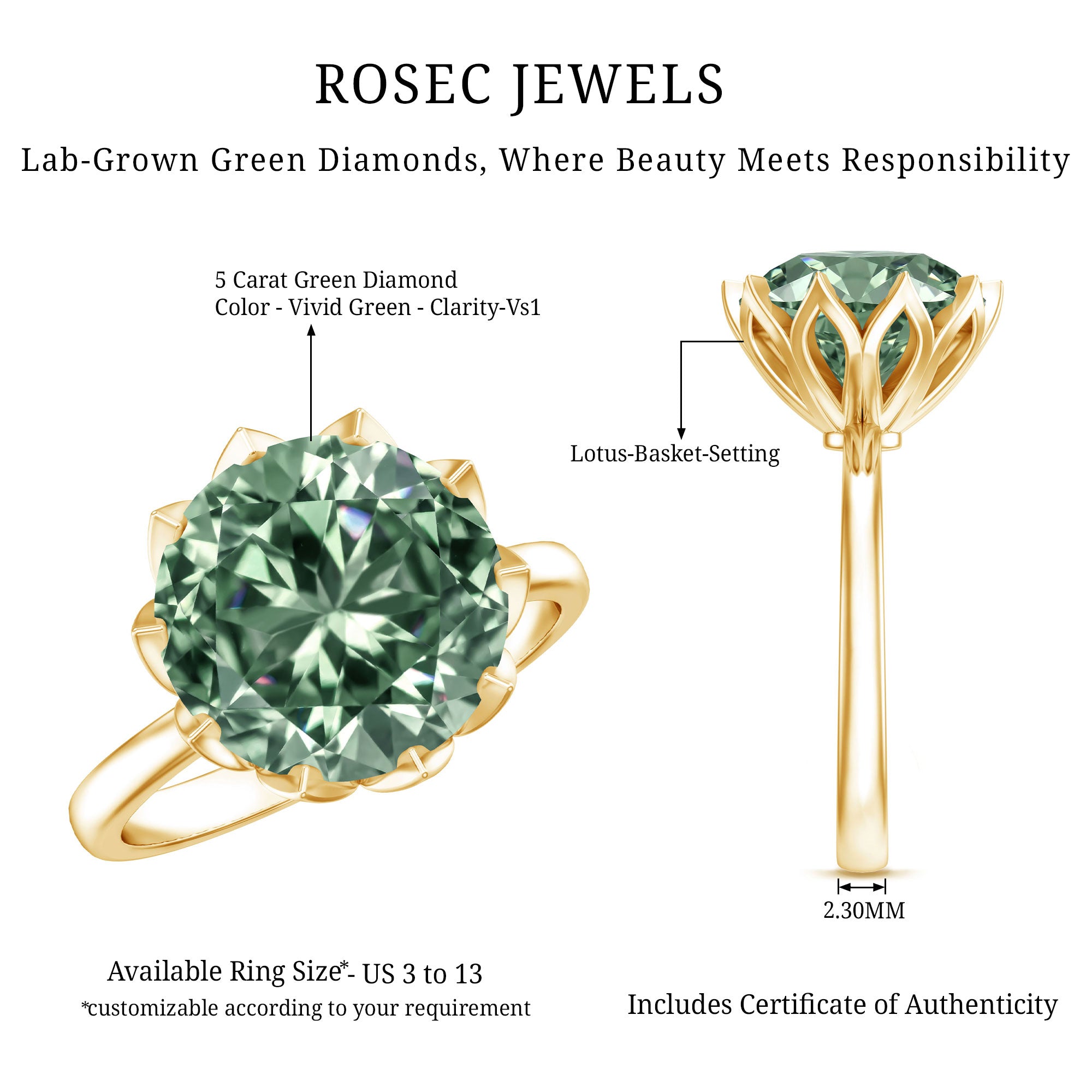 Lotus Basket Set IGI Certified Lab Grown Green Diamond Huge Engagement Ring 5 Carat Vivid Green - VS1 - Rosec Jewels