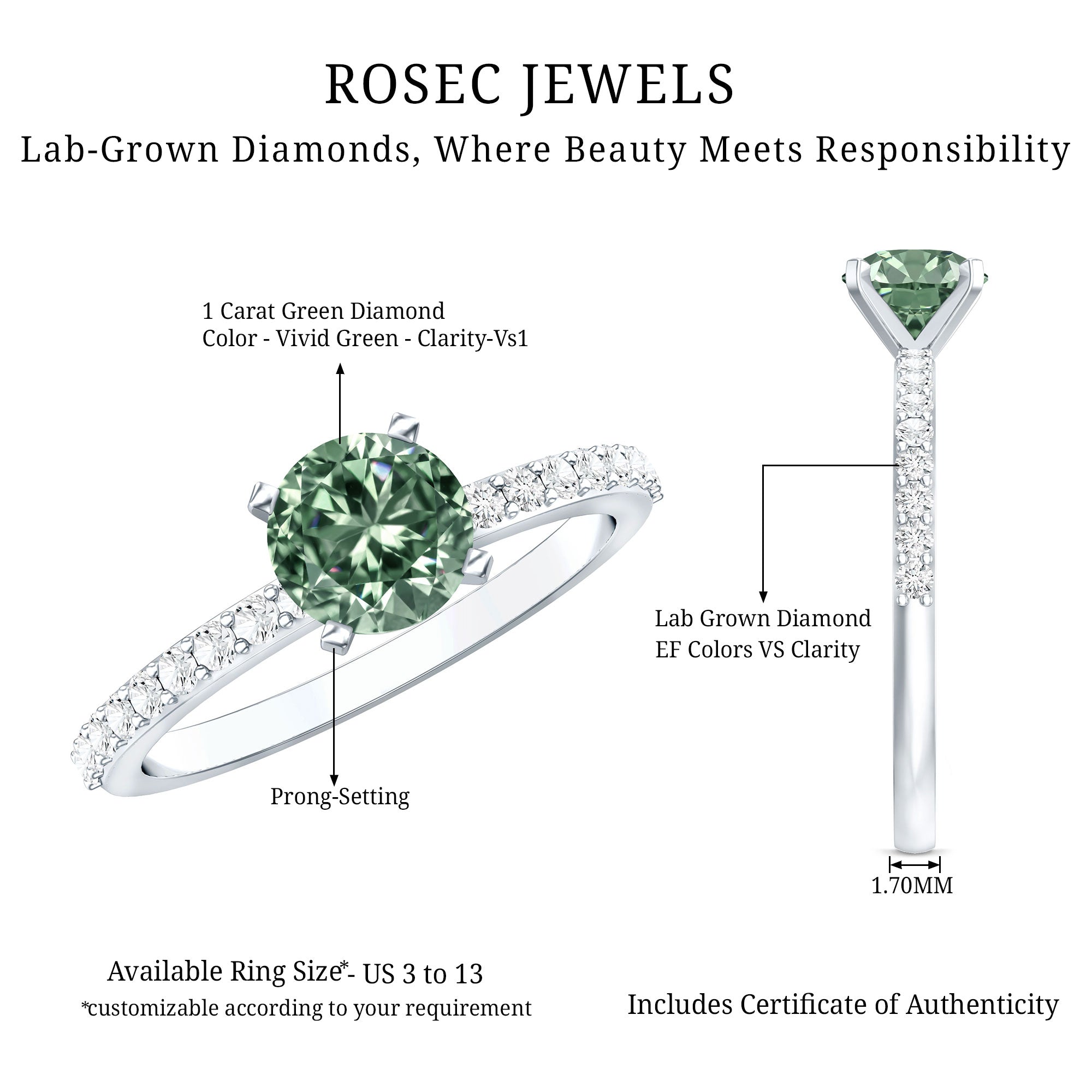 IGI Certified 1 Carat Lab Grown Green and White Diamond Engagement Ring Vivid Green - VS1 - Rosec Jewels