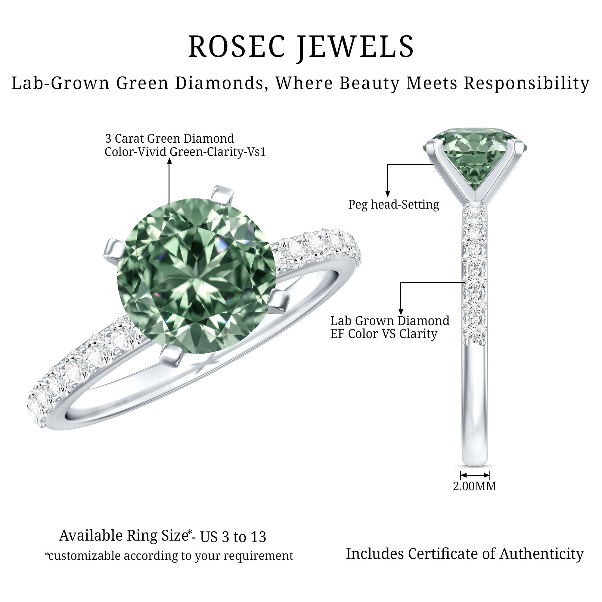 3 Carat Round Lab Grown Green Diamond Solitaire Engagement Ring IGI Certified Vivid Green - VS1 - Rosec Jewels