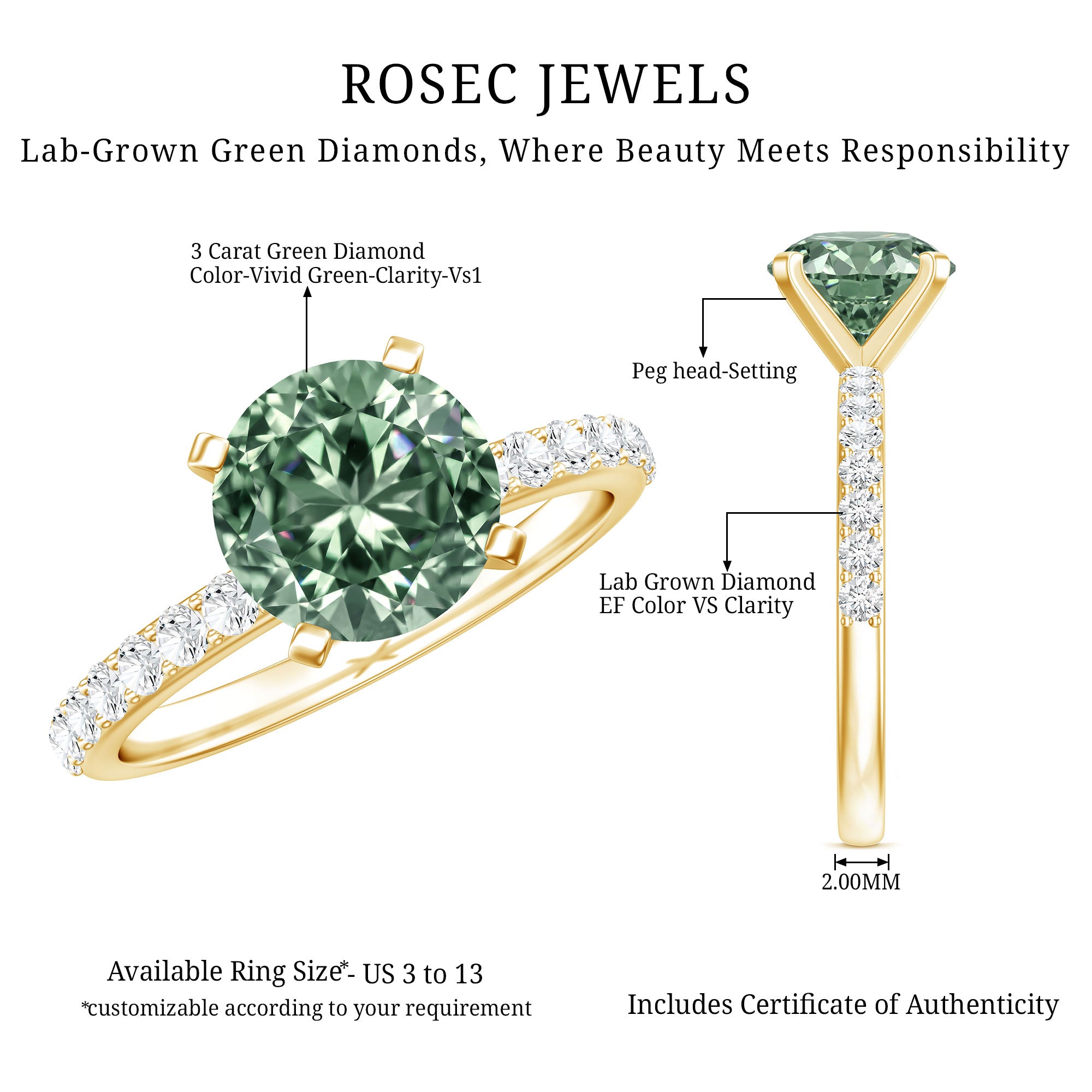 3 Carat Round Lab Grown Green Diamond Solitaire Engagement Ring IGI Certified Vivid Green - VS1 - Rosec Jewels
