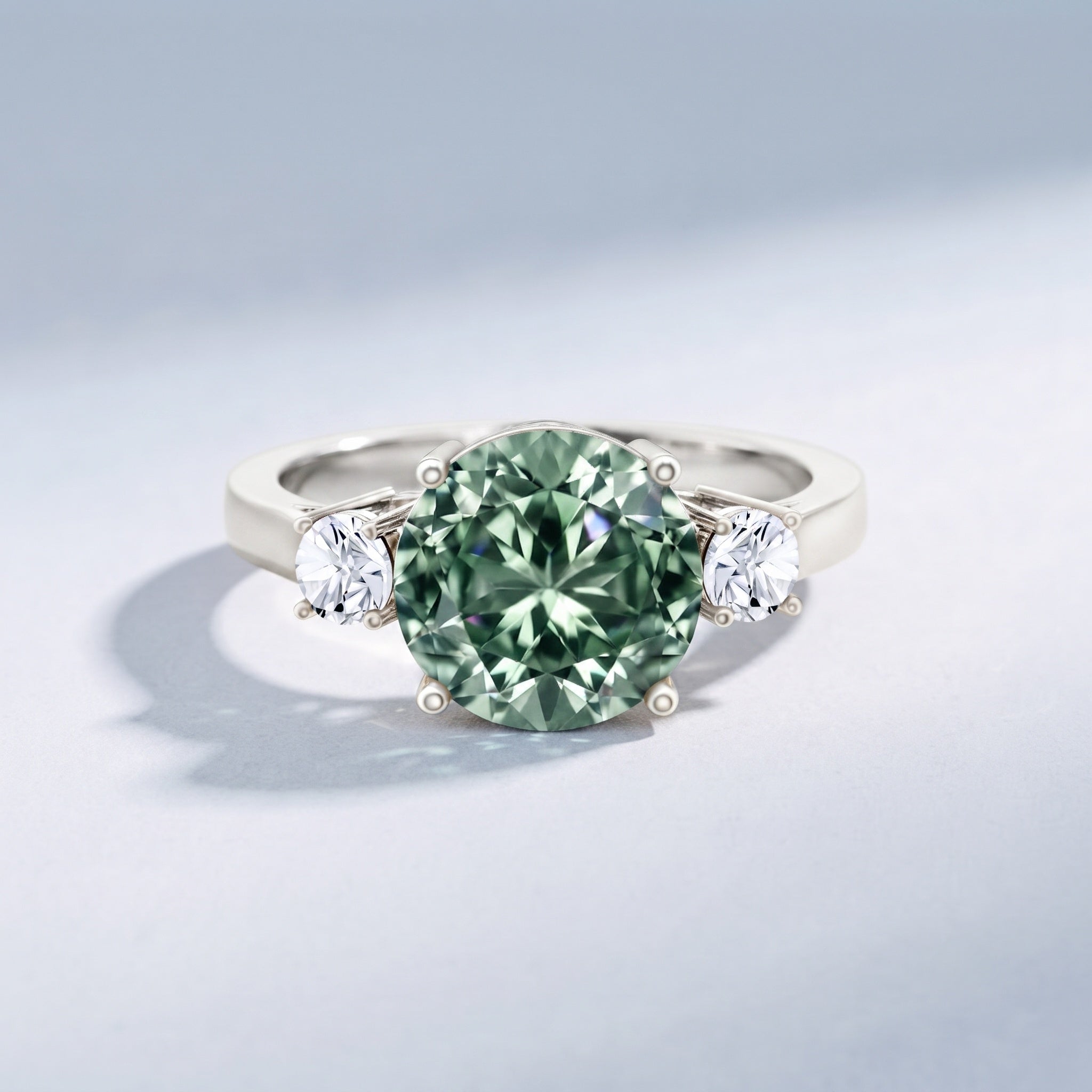 IGI Certified 3 Carat Lab Grown Green Diamond Triple Stone Engagement Ring Vivid Green - VS1 - Rosec Jewels
