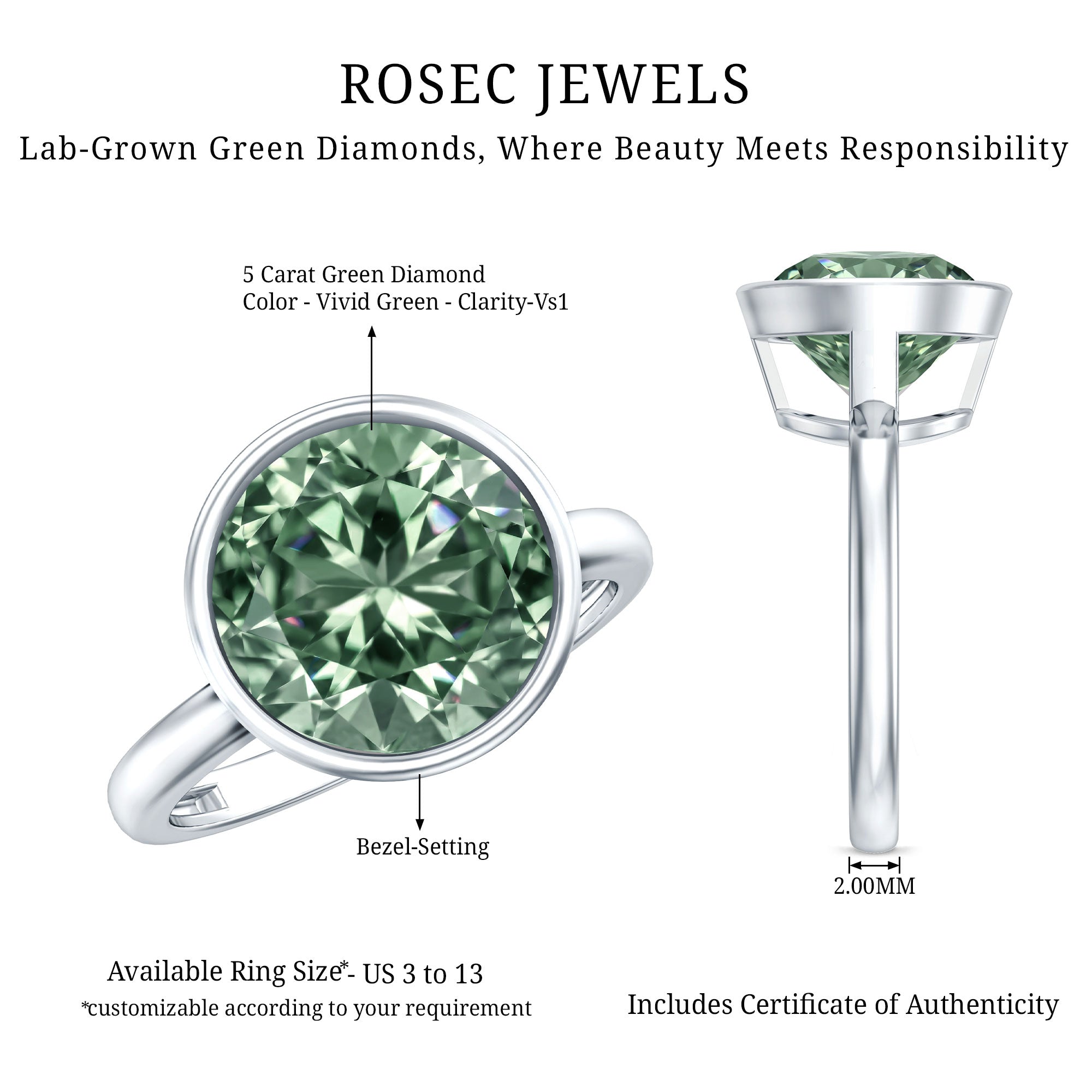 IGI Certified Solitaire Lab Grown Green Diamond Huge Engagement Ring 5 Carat Vivid Green - VS1 - Rosec Jewels