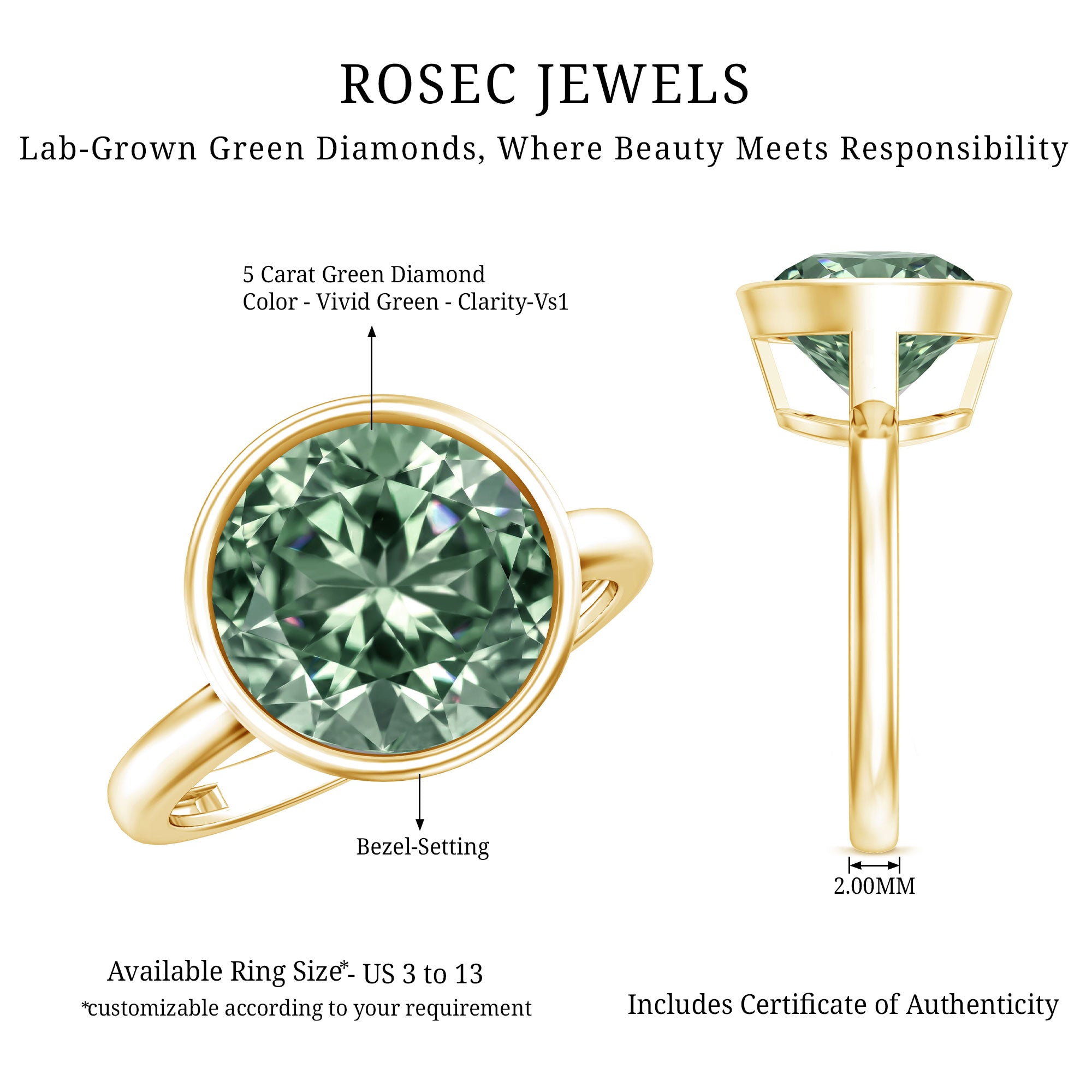IGI Certified Solitaire Lab Grown Green Diamond Huge Engagement Ring 5 Carat Vivid Green - VS1 - Rosec Jewels