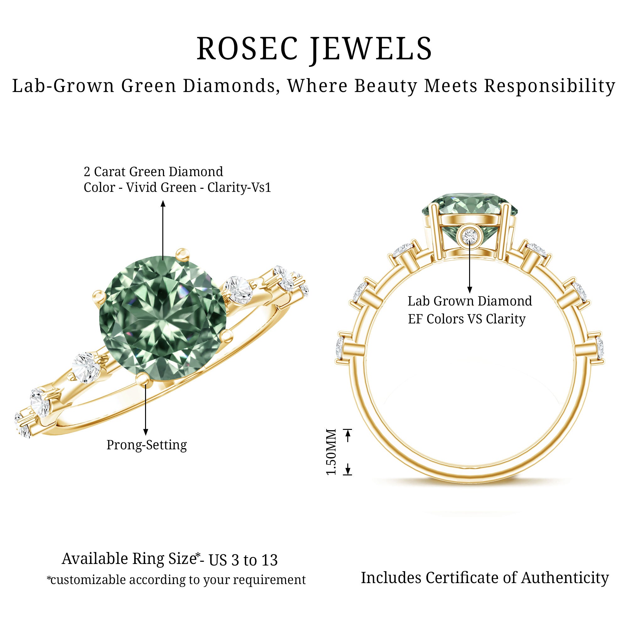 Lab Grown 2 Carat Green Diamond Engagement Ring with IGI Certificate Vivid Green - VS1 - Rosec Jewels