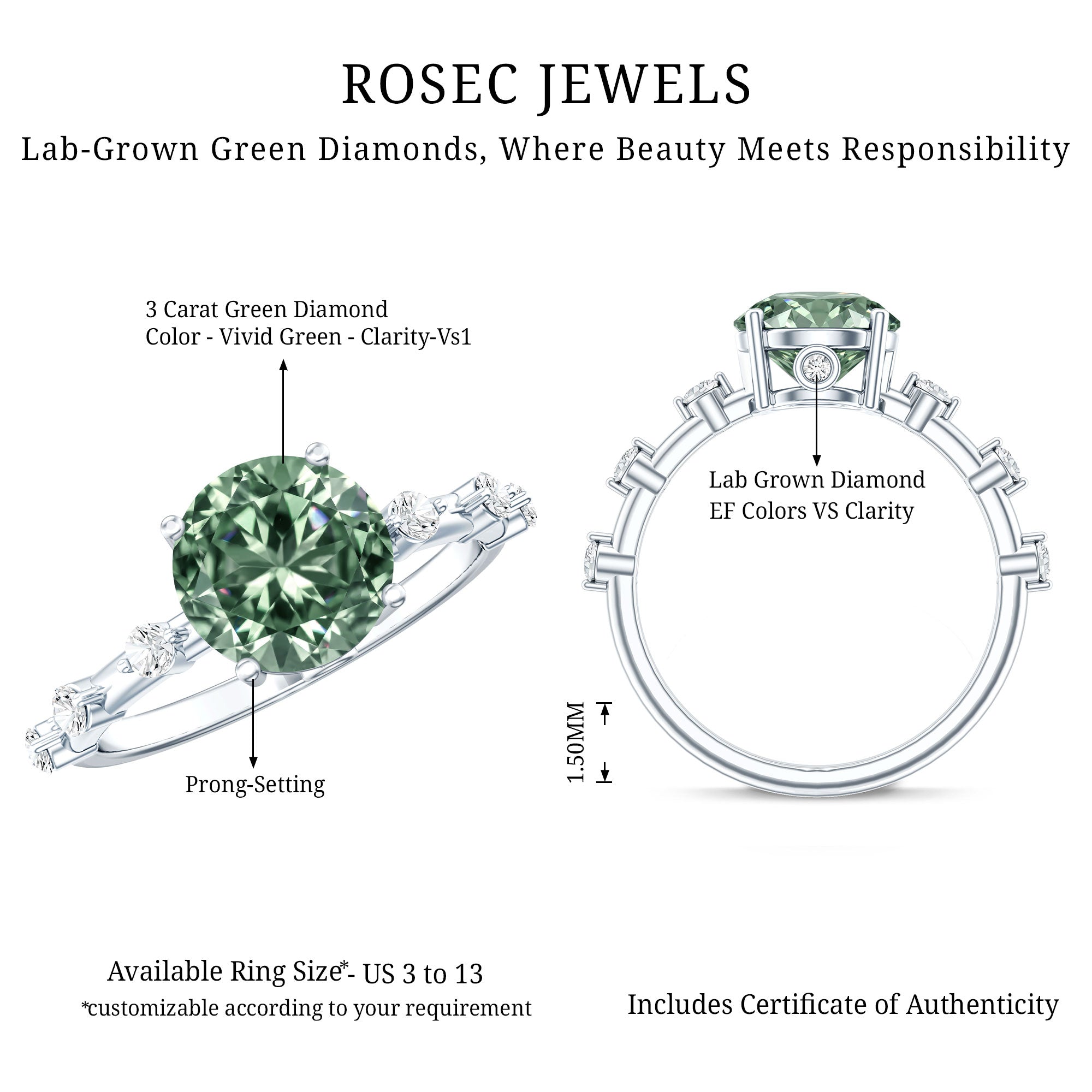 Lab Grown 3 Carat Green Diamond Engagement Ring with IGI Certificate Vivid Green - VS1 - Rosec Jewels