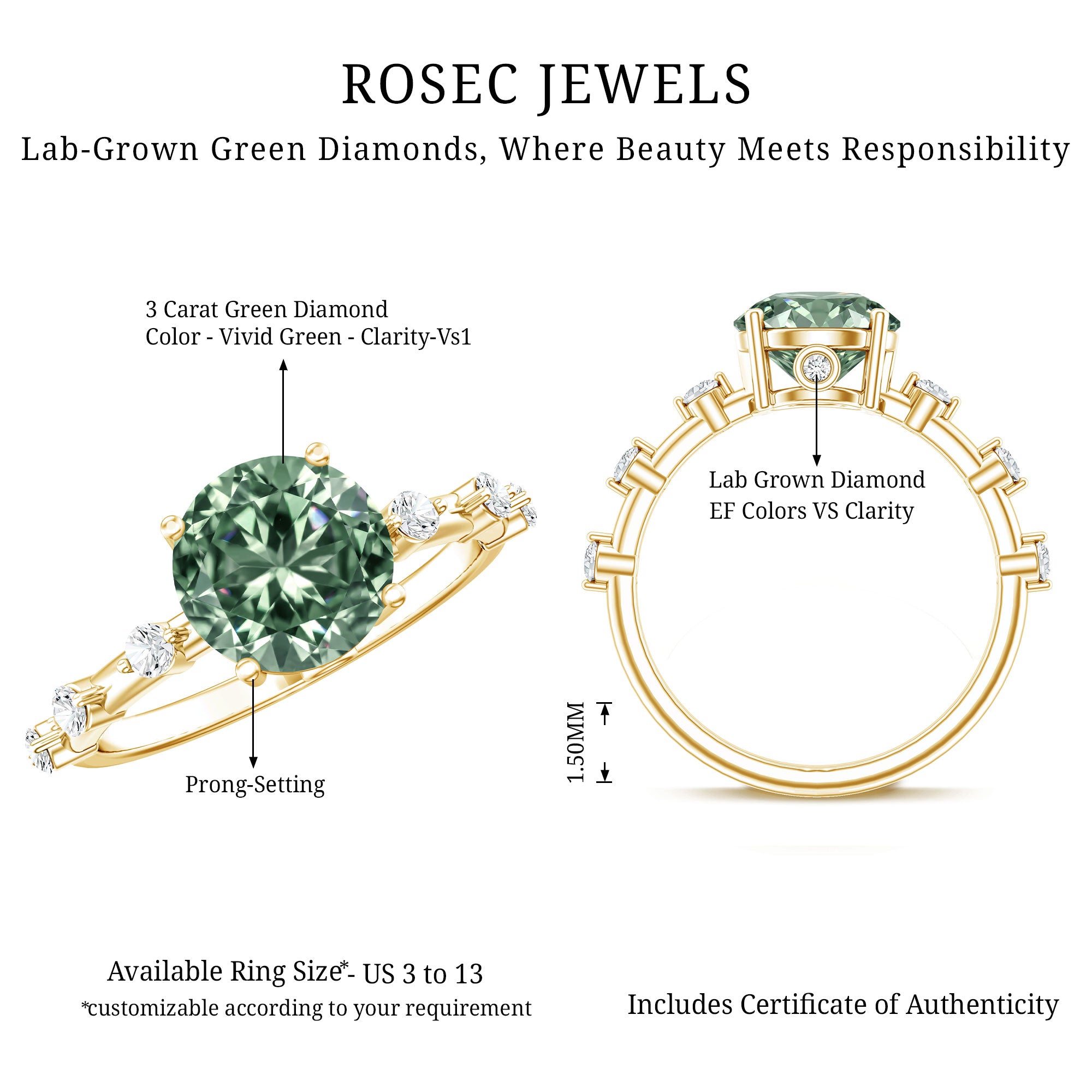 Lab Grown 3 Carat Green Diamond Engagement Ring with IGI Certificate Vivid Green - VS1 - Rosec Jewels