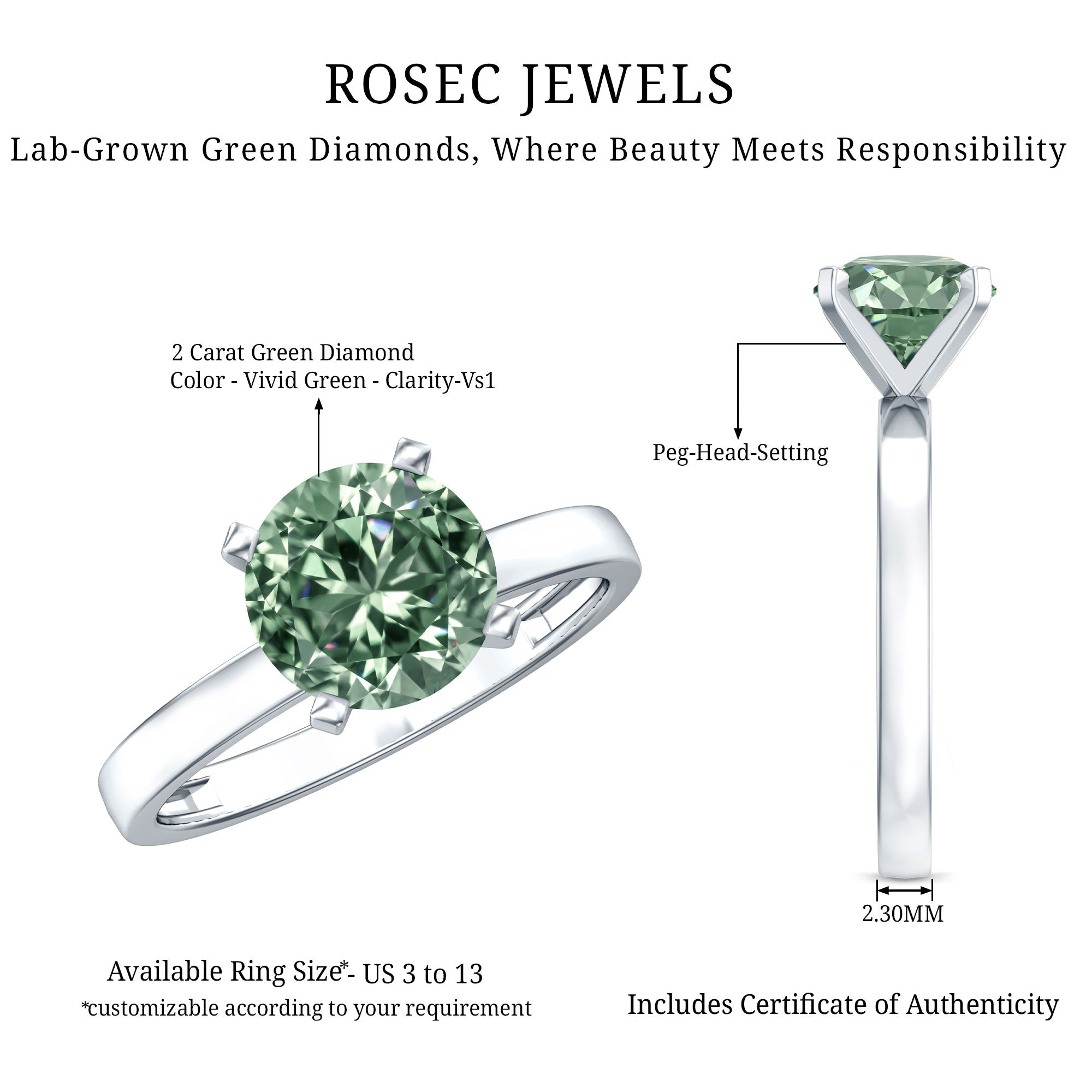 IGI Certified 2 Carat Lab Grown Green Diamond Solitaire Engagement Ring in Peg Head Setting Vivid Green - VS1 - Rosec Jewels